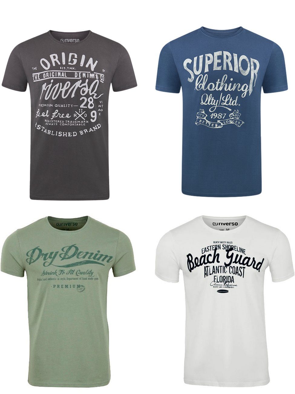 RIVLeon Regular Baumwolle Pack (4-tlg) Shirt riverso T-Shirt Tee Herren mit 23 aus Printshirt Rundhalsausschnitt Kurzarm Fit 100%