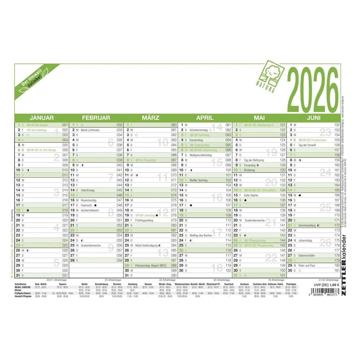 ZETTLER Wandkalender Zettler Arbeitstagekalender A4 Blauer Engel 2026 - Bürokalender...