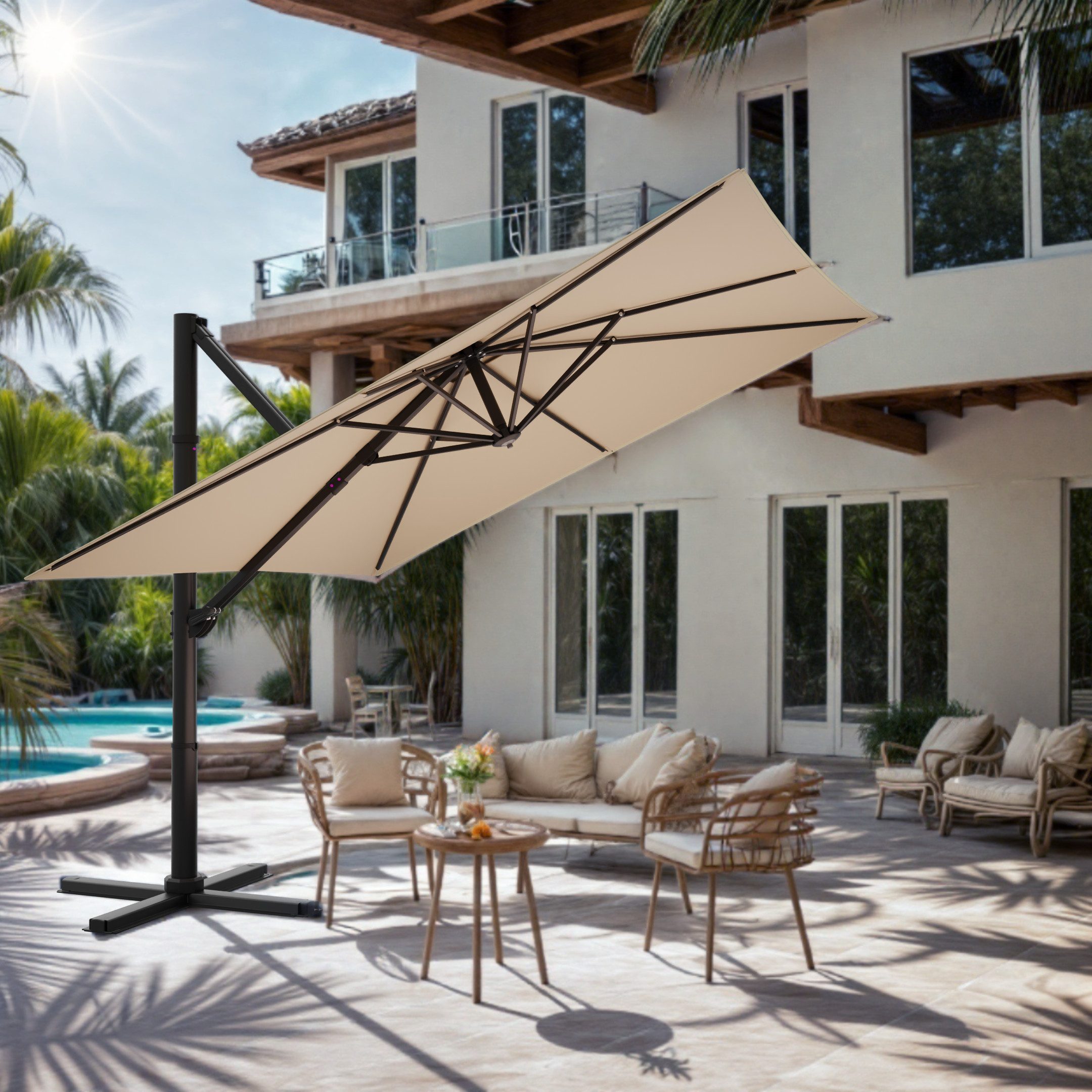 HOMALL Sonnenschirm 300x400 cm Ampelschirm mit Ständer, 360 Grad drehbar, UV-Schutz 50+, 300*400CM, φ330CM, 270*270CM, Gewicht 18-28KG, faltbar, geeignet für Garten, Terrasse, Schwimmbad