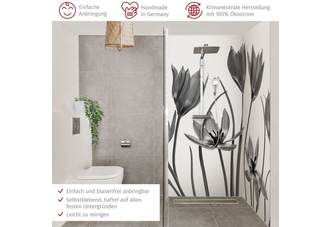 Thumbnail - Bilderdepot24 Badrückwand Blumen schwarz weiß Duschrückwand ohne Bohren Dusche, (2-tlg., Hart-Folie Premium matt 0,61 mm...