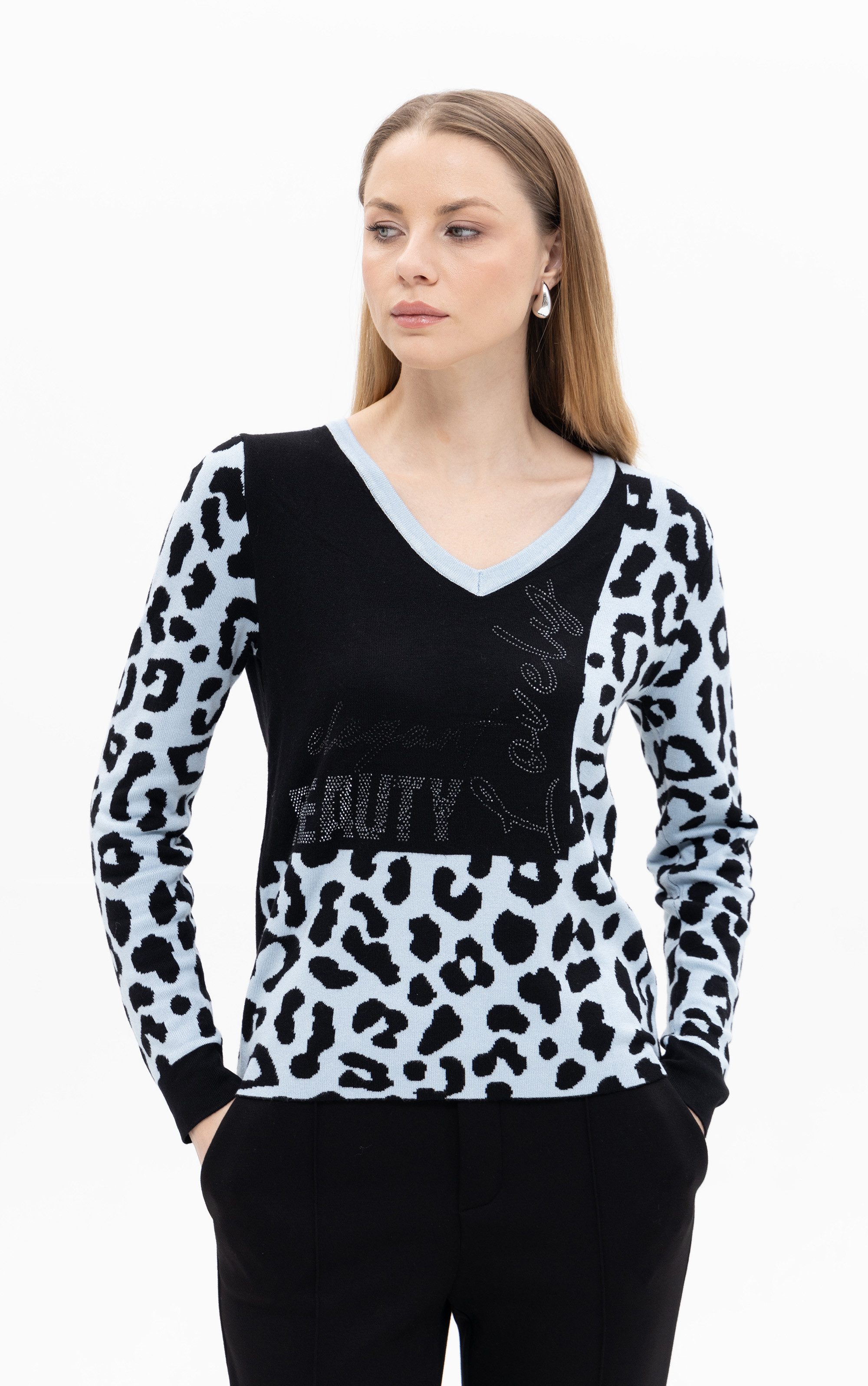 Passioni Strickpullover im Colorblock mit Animalprint