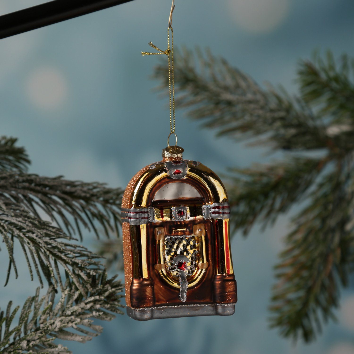 MARELIDA Christbaumschmuck Weihnachtsbaumschmuck JUKEBOX Musikbox Glas H: 11,5cm braun