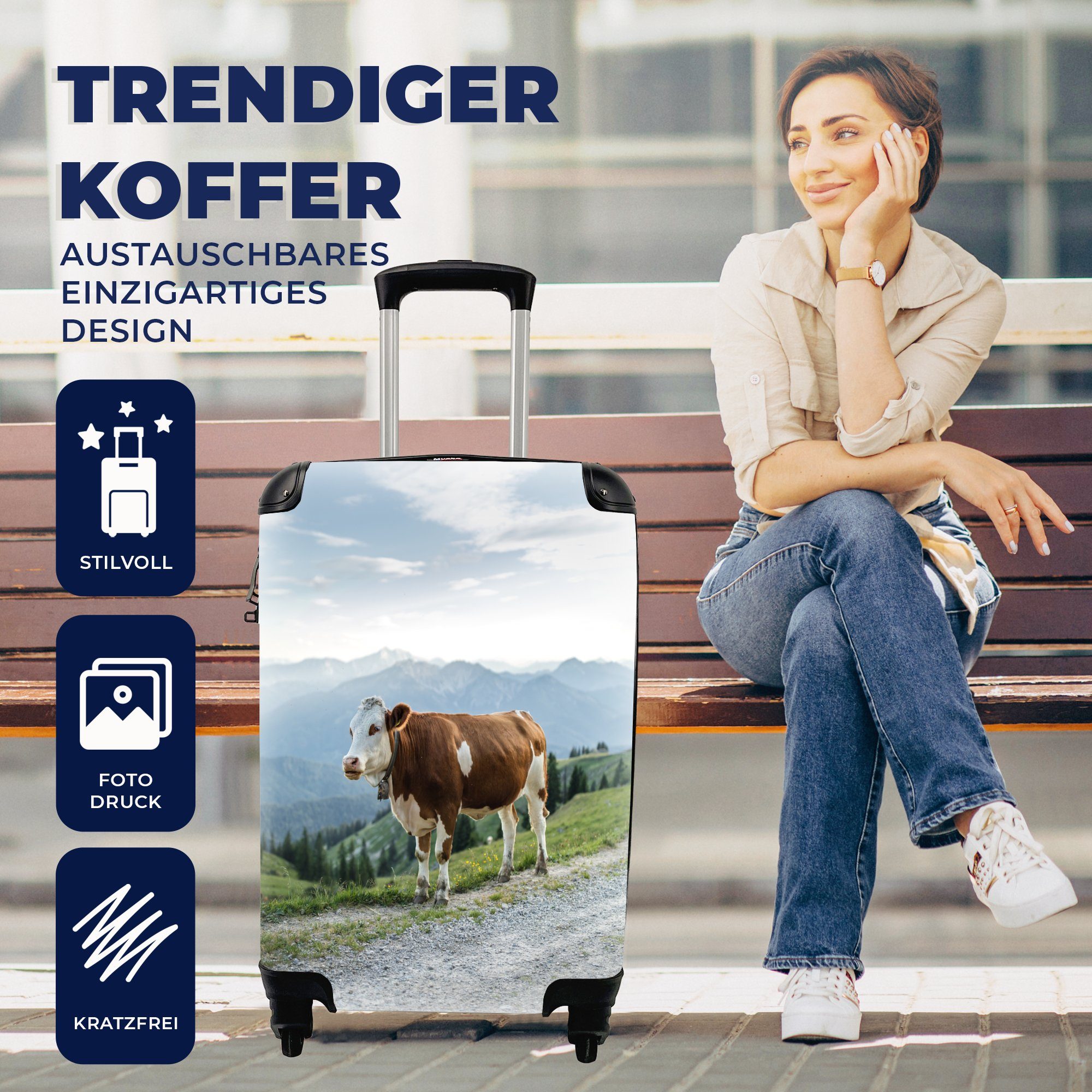 Reisetasche MuchoWow - Handgepäck - Rollen, 4 Reisekoffer für Handgepäckkoffer Braun, Ferien, rollen, mit Trolley, Alpen Kuh