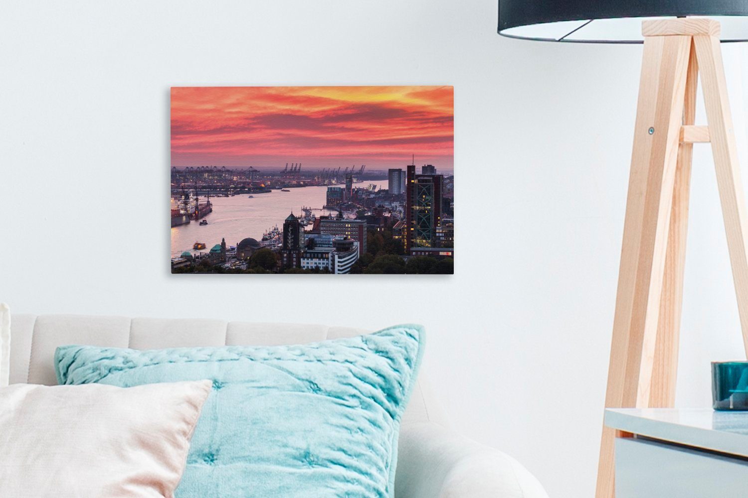 - OneMillionCanvasses® Stadt, - Leinwandbilder, St), (1 Wandbild Hafen Hamburg 30x20 cm Aufhängefertig, Leinwandbild Wanddeko,