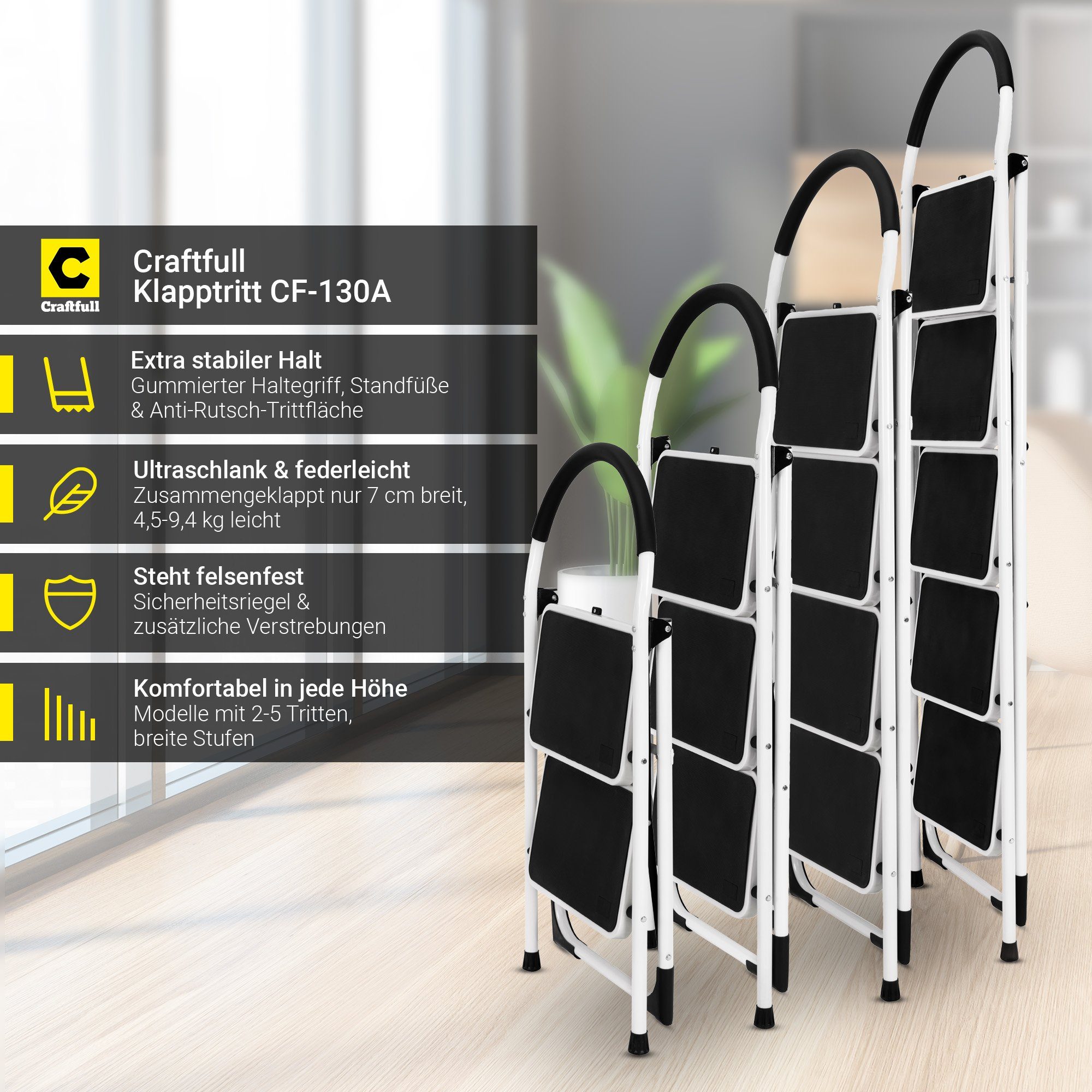Craftfull Klapptritt Klappleiter CF-130A - 3 J. Garantie - 2-5 Stufen - Eisen (150 kg Traglast - Eisen Stehleiter bis 150 kg - Doppelleiter - Sicherheitsleiter - Multifunktionsleiter - Vielzweckleiter - Mehrzweckleiter, 1-St., Anti-Rutsch, Sicherheitsbügel, extra schmal), Haushaltsleiter Stufen Leiter Arbeitsleiter Arbeitsbühne klappbar