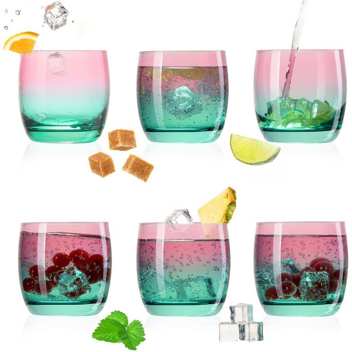 PLATINUX Glas Trinkgläser Glas Rosa-Türkis Bunt 200ml (max.320ml) Set 6 Stück Wassergläser Saftgläser Drinkgläser