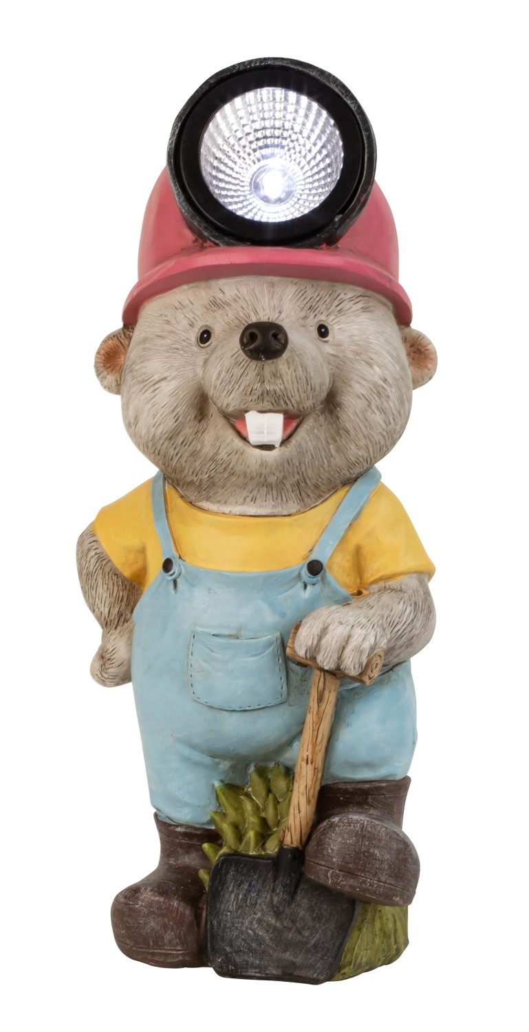 Mel-O-Design Gartenfigur Gartenfigur Biber Lumino mit Solarlicht Latzhose und Schippe 31 cm, (1 St)