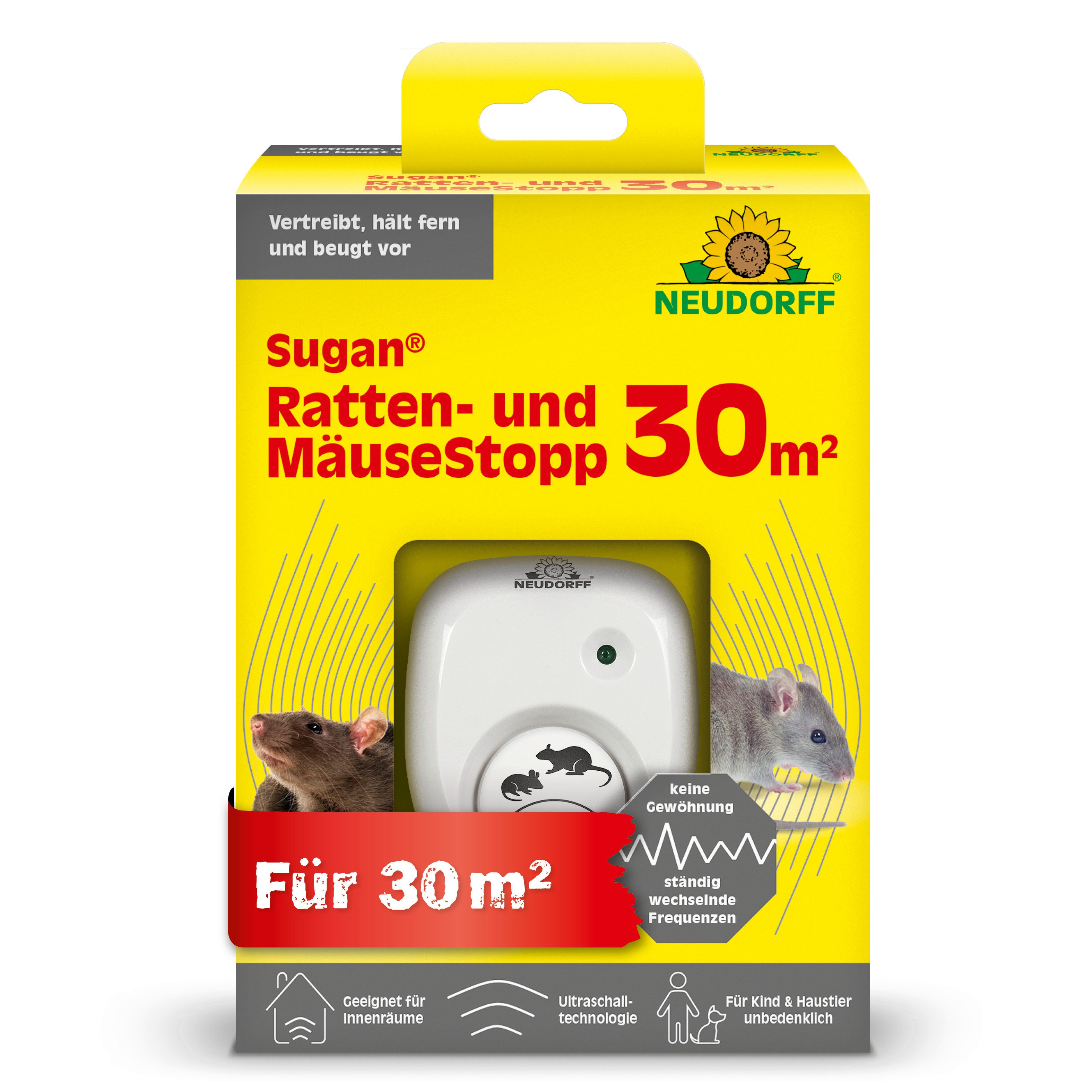 Neudorff Ultraschall-Tierabwehr Sugan Ratten- und MäuseStopp (für 30 m) 1 Stk., Ultraschallgerät zur Ratten- und Mäuseabwehr, Für trockene Innenräume bis 30 m², Wechselnde Ultraschallfrequenzen verhindern Gewöhnungseffekte