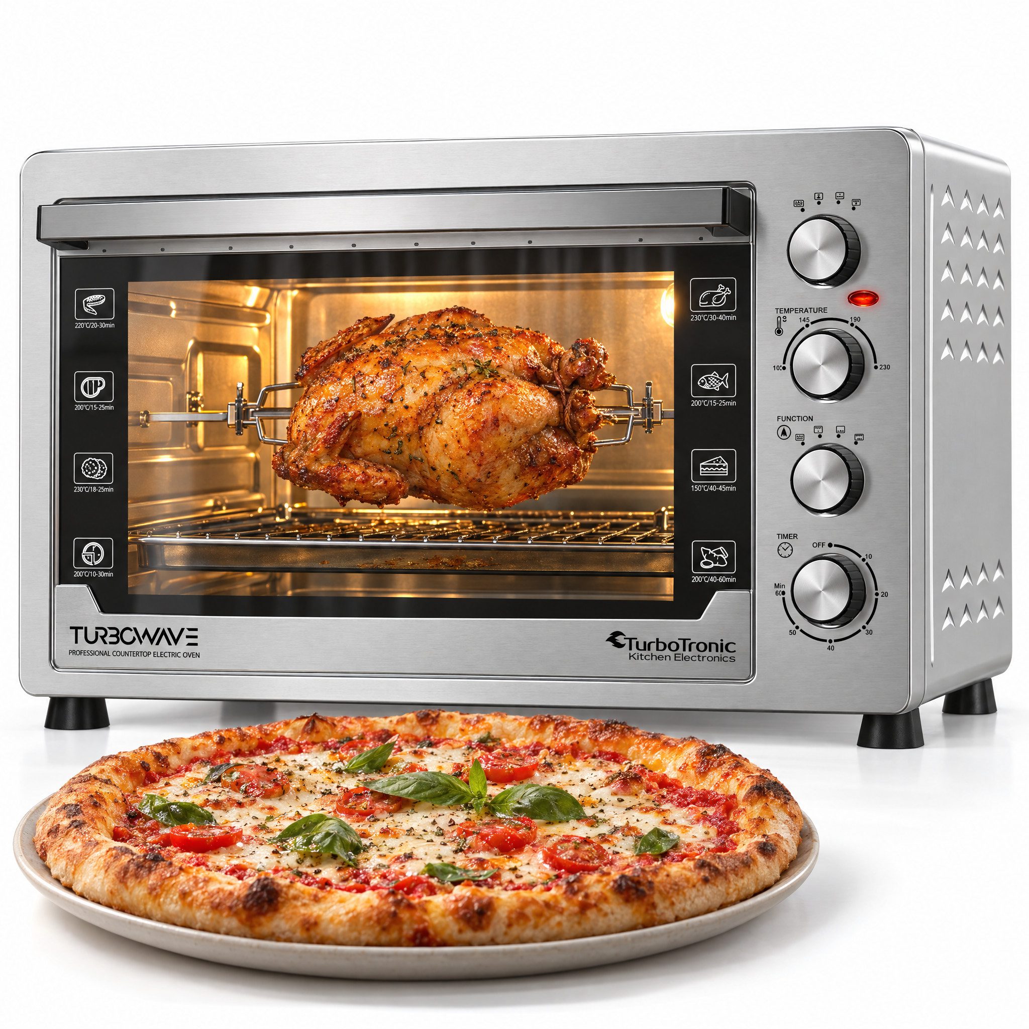 TurboTronic by Z-Line Minibackofen 2500 W 60 Liter Mini Backofen mit Umluft Drehspieß Grill Pizzaofen, Tischbackofen, Miniofen, freistehend, Grill & Pizzaofen, 2 Backbleche