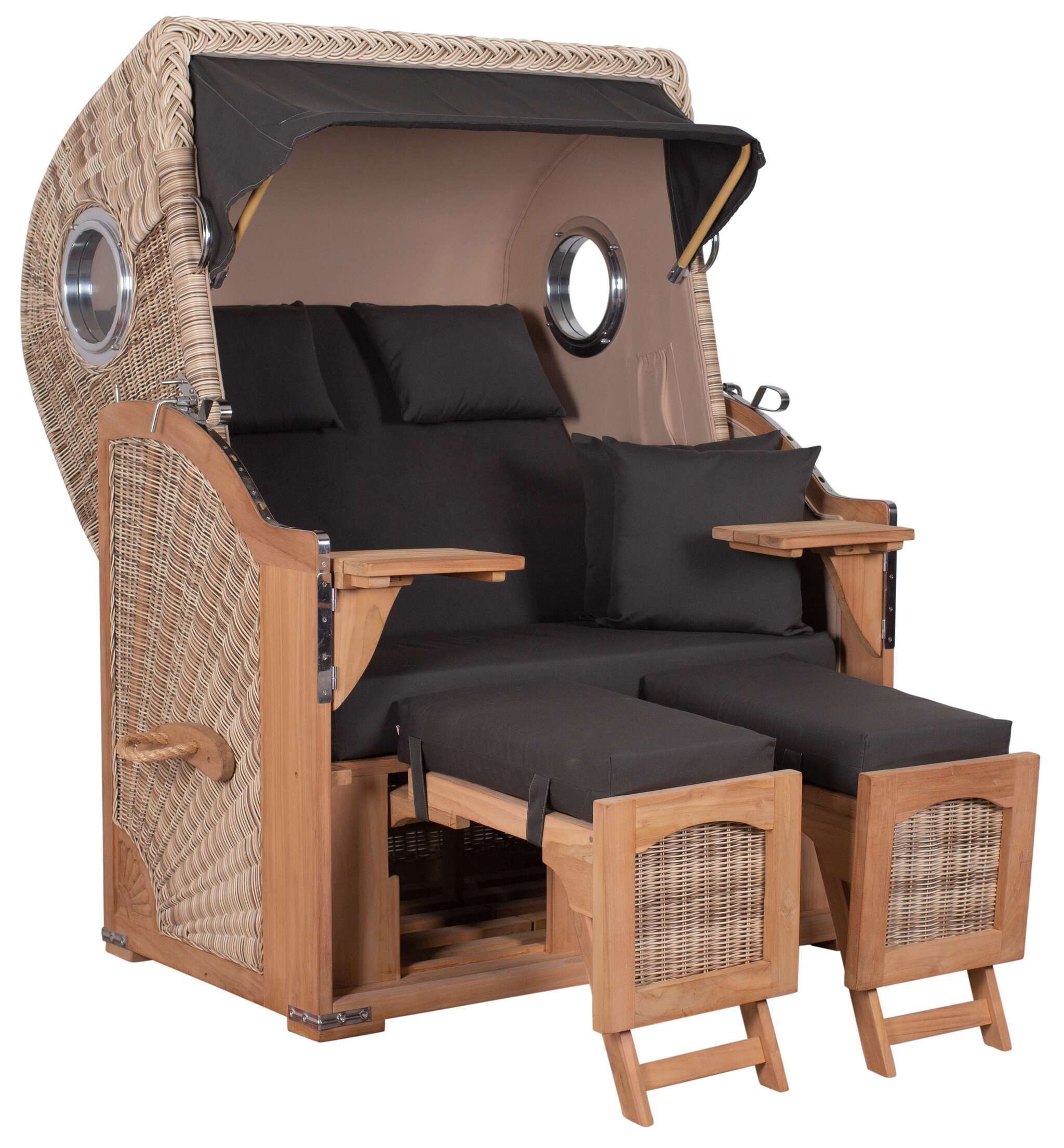 MR.DEKO Strandkorb 2-Sitzer Düne Teak PE Shell Bullauge 125x80x170cm, BxTxH: 125x80x170 cm, Volllieger, Düne, (Fertig montierter Strandkorb für Garten, Terrasse & Balkon), Wetterfester Volllieger mit Edelstahlbeschlägen & waschbaren Polstern