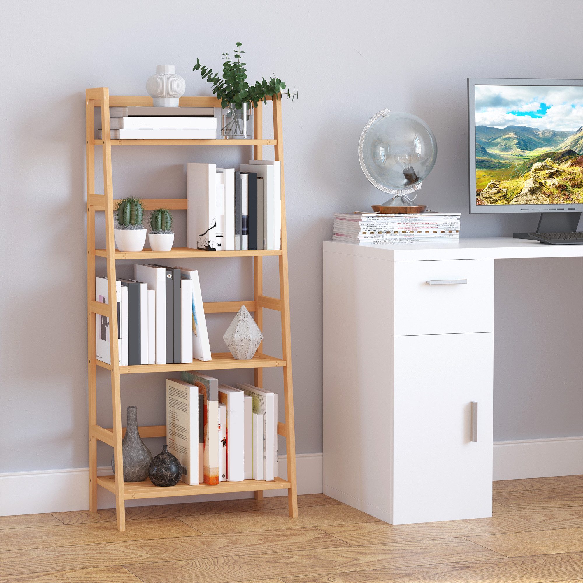 HOMCOM Bücherregal Aufbewahrungsregal aus Bambus mit 4 Ebenen, Büroregal 1- günstig online kaufen