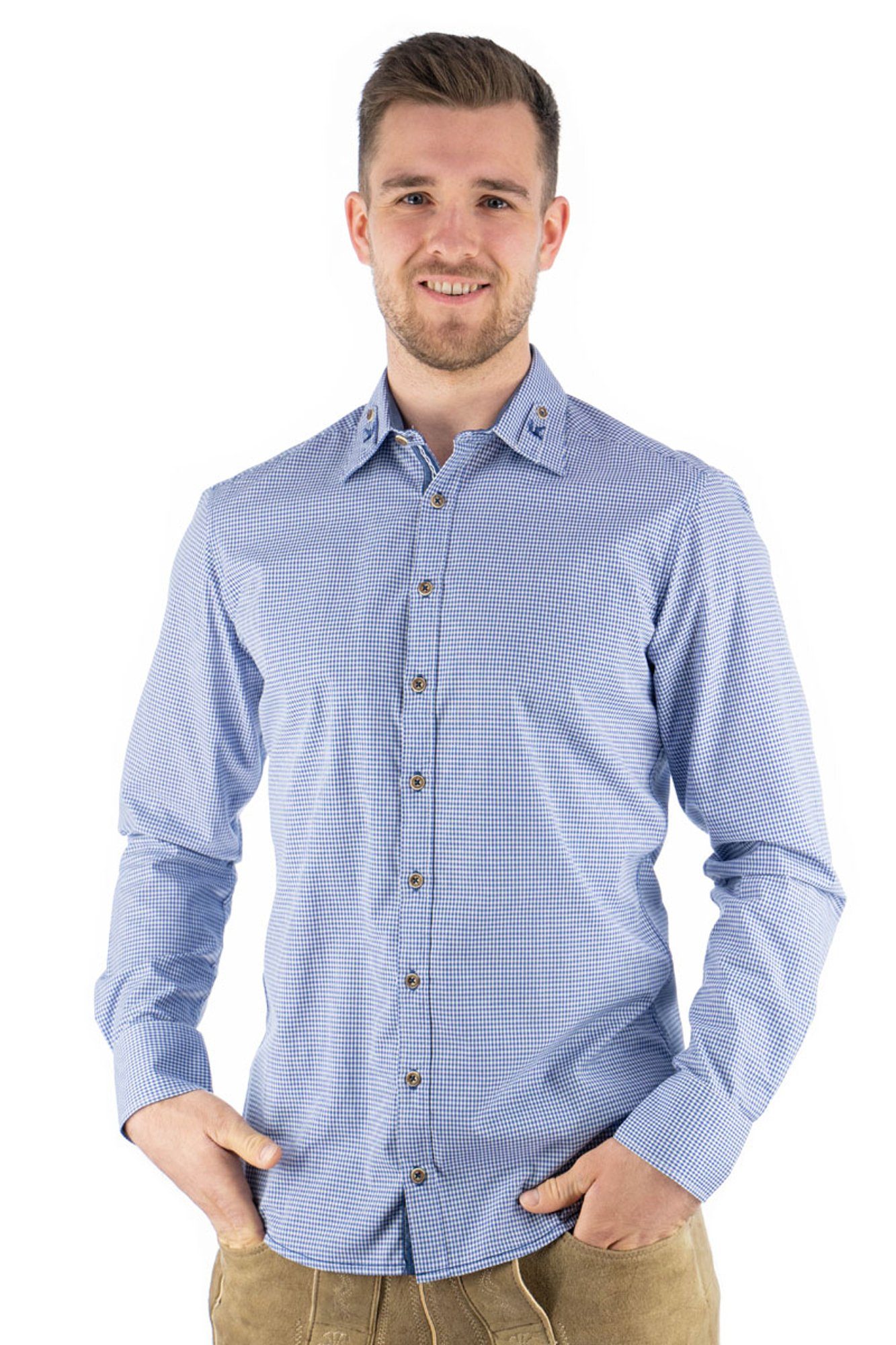 OS-Trachten Trachtenhemd Frusla Langarmhemd mit Hirsch-Stickerei auf dem Kragenriegel mittelblau