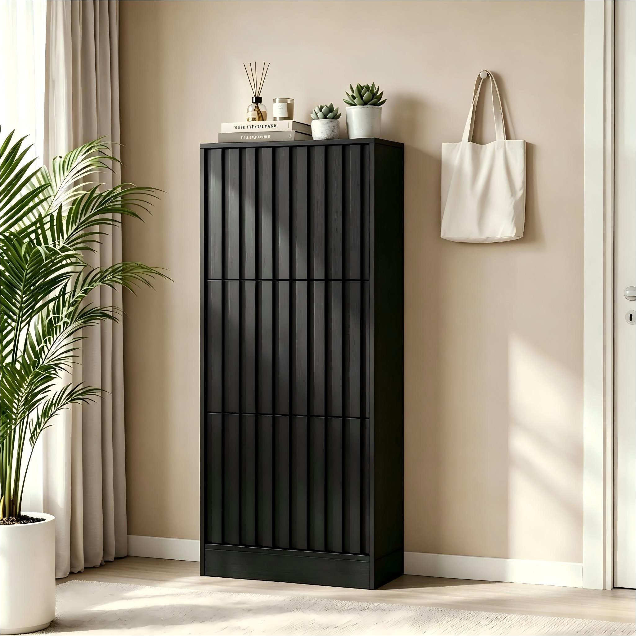 UEV Schuhschrank mit 3 Klappen, Schuhkipper schmal Schuhkommode Verstellbare Trennwände für Verschiedene Schuhtypen 60 * 24 * 122cm