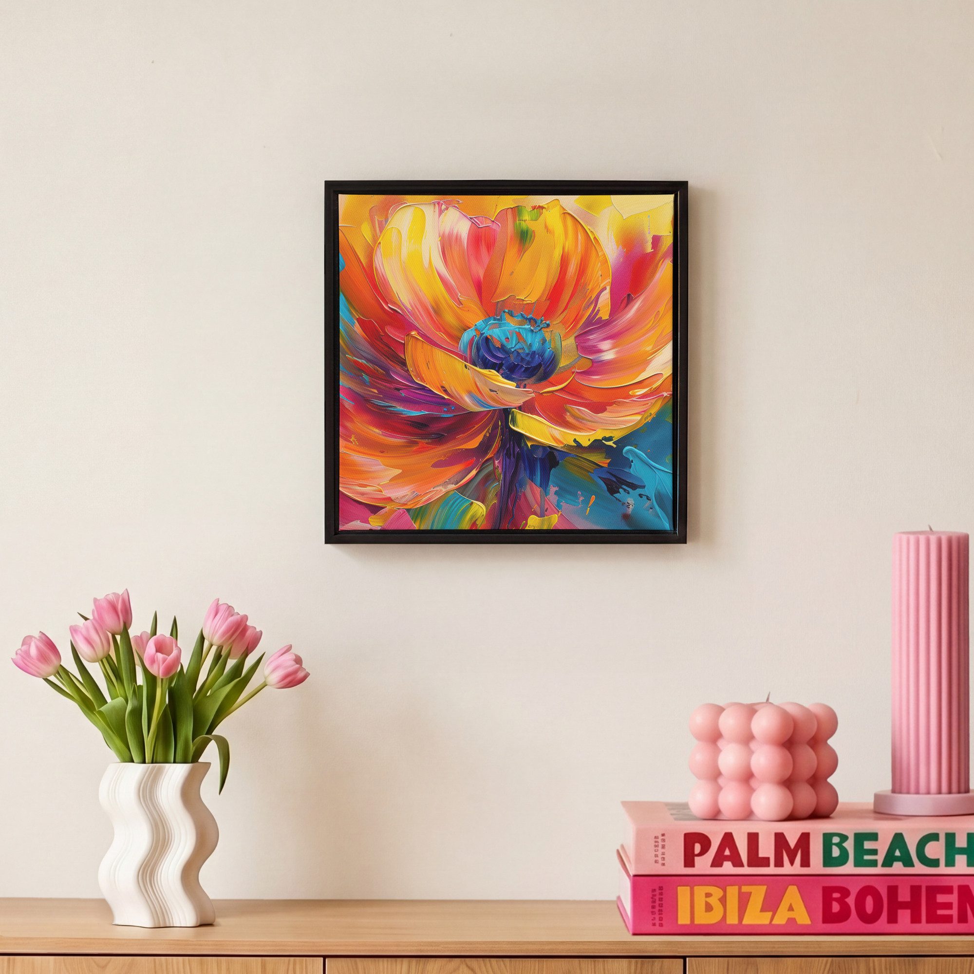 OneMillionCanvasses® Leinwandbild mit Rahmen - Blume - Lackierung - Modern - Abstrakt - Farben, Fotodruck (1 St), Leinwand Bilder Klein, Wand Dekoration Aesthet – Bild 4 von 5