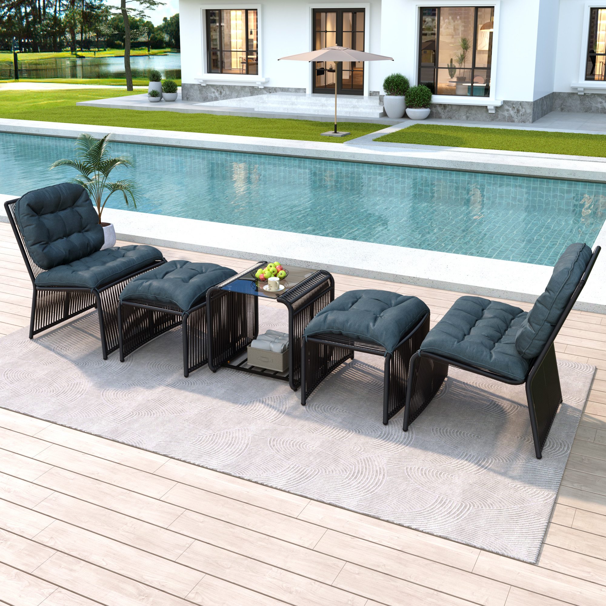 Merax Gartenlounge-Set aus Polyratten und Eisenrahmen, Loungeset mit Kissen & Glasplatte, (5-tlg., Loungeset für Terrasse, Balkon und Garten), 4-Sitzer Gartenmöbel Set mit Tisch, 2 Stühle und 2 Hocker