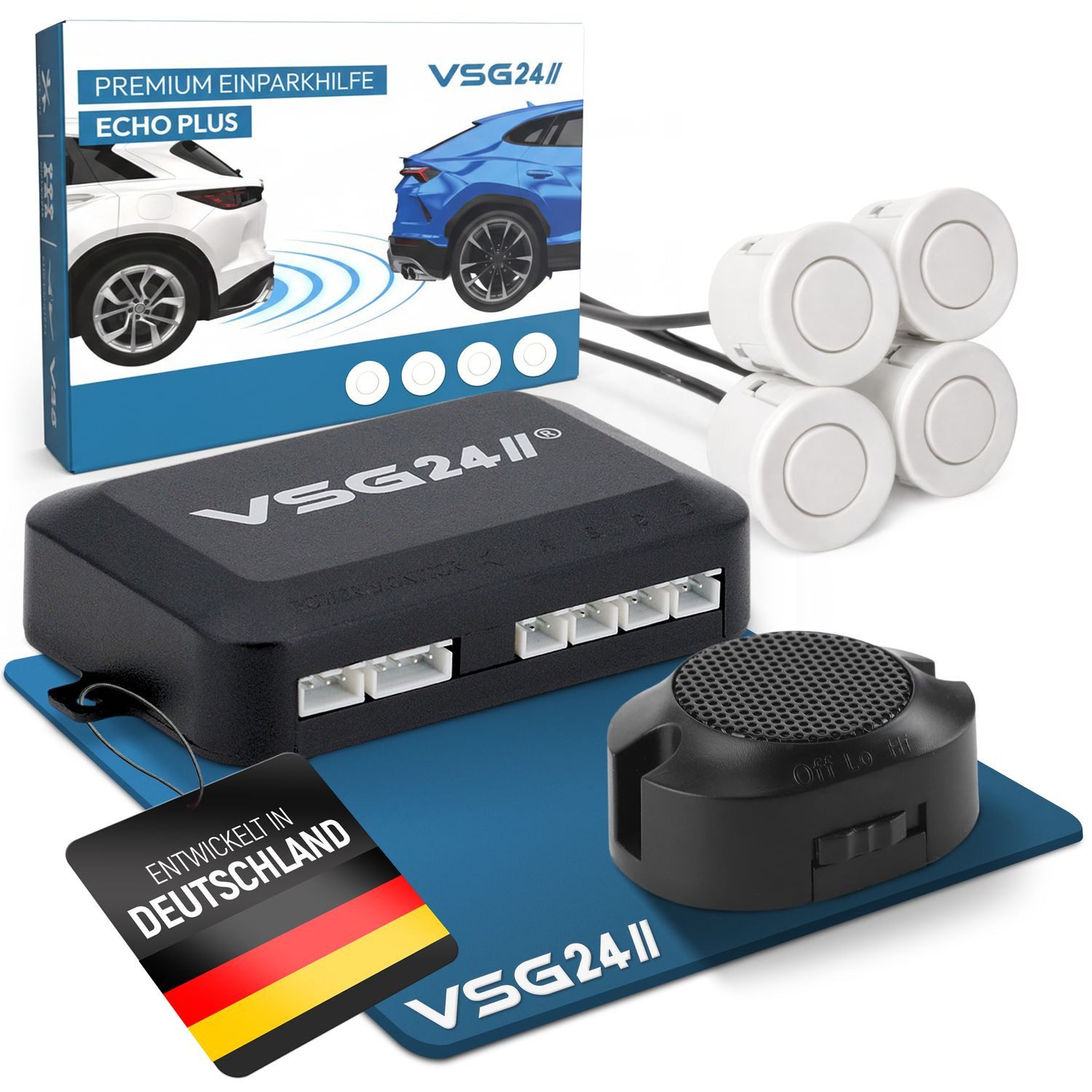 VSG24 Akustische Premium Einparkhilfe ECHO PLUS Parkhilfe zum nachrüsten PDC Rückfahrkamera (Rückfahrwarner mit Lautsprecher & 4 Sensoren Stecksystem Nachrüstsatz)
