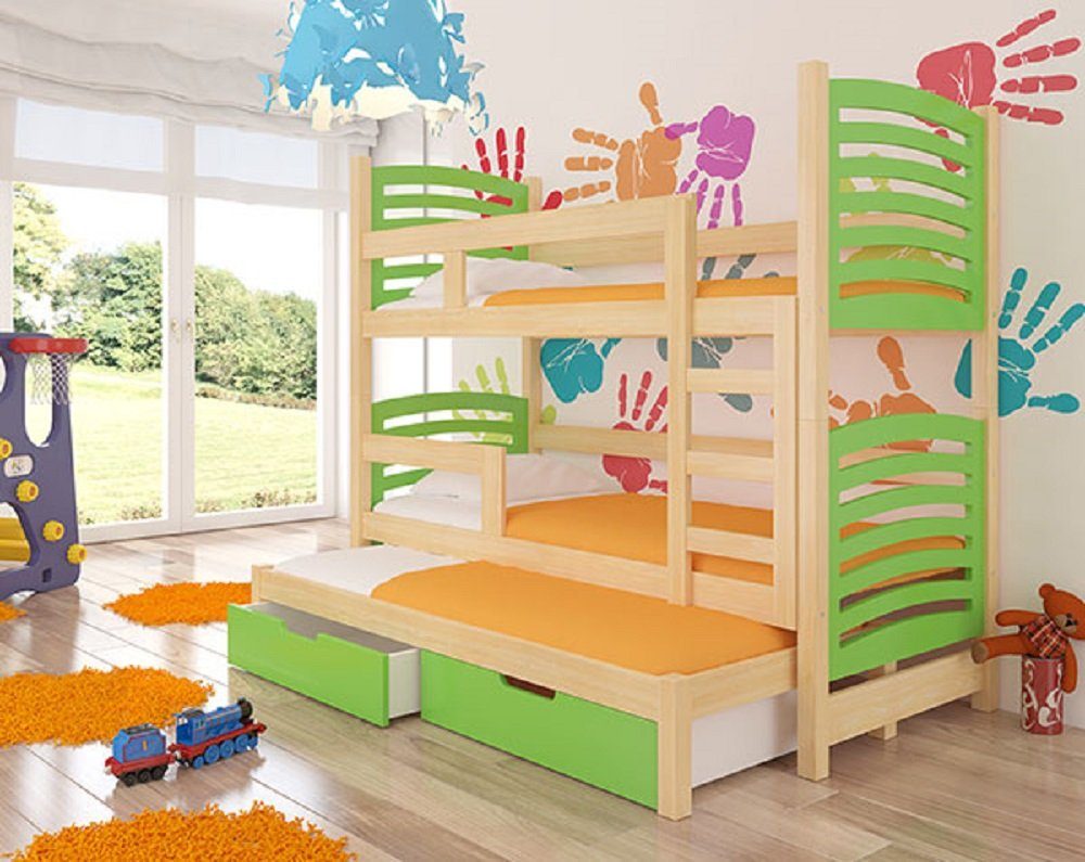 Feldmann-Wohnen Hochbett SORIA (Etagenbett mit 3 Schlafgelegenheiten) Farbe wählbar Kiefer Natur / Absetzungen: grün