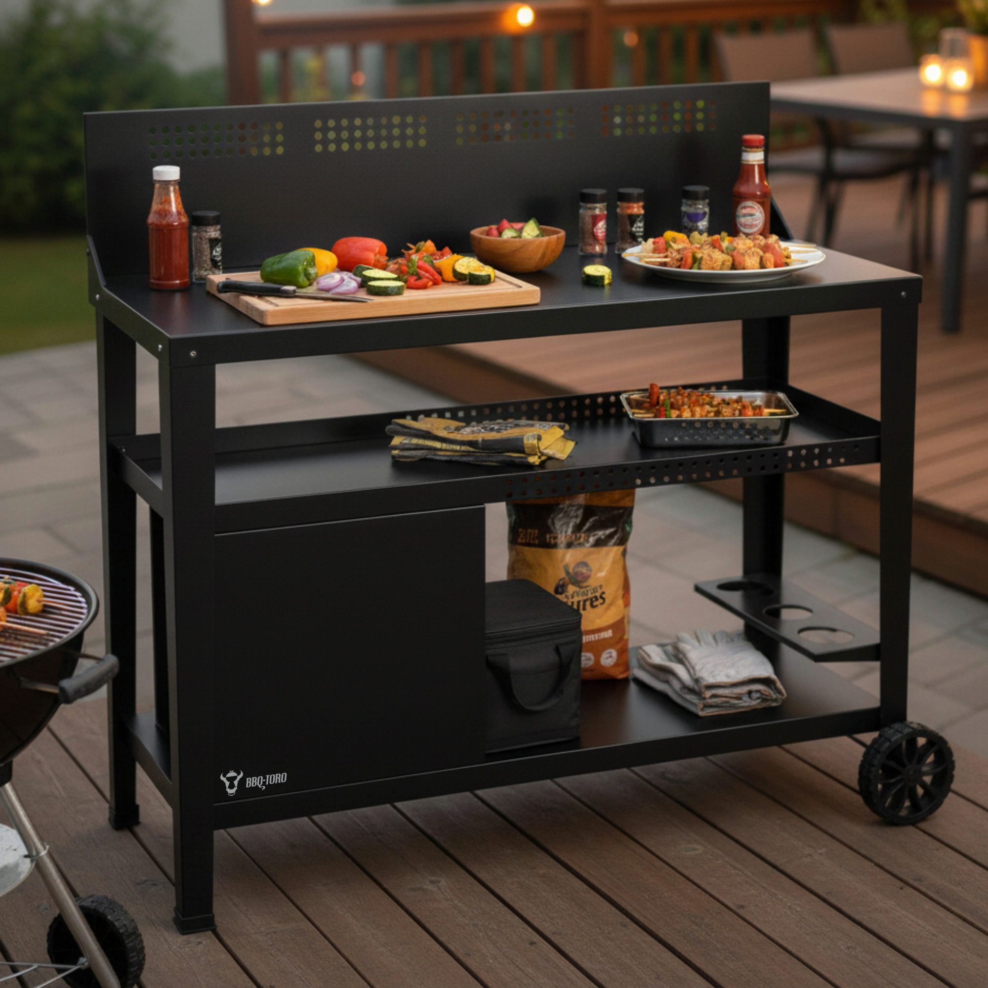BBQ-Toro Grillablagetisch Grillwagen 125 x 57 x 104 cm, Schwarz, Grilltisch mit Windschutz