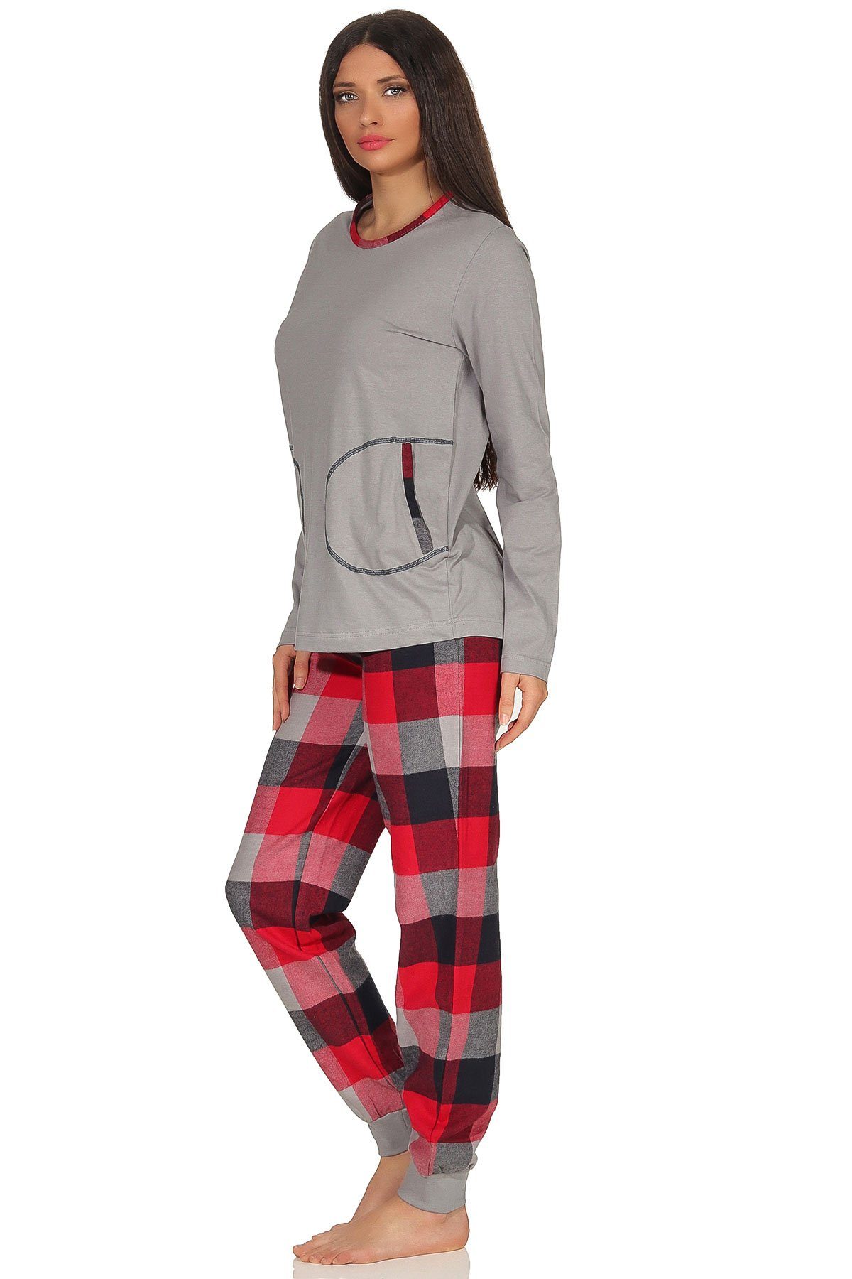 Normann Pyjama Damen Pyjama Flanell Top Match Single Hose Mix grau Jersey, Flanell &