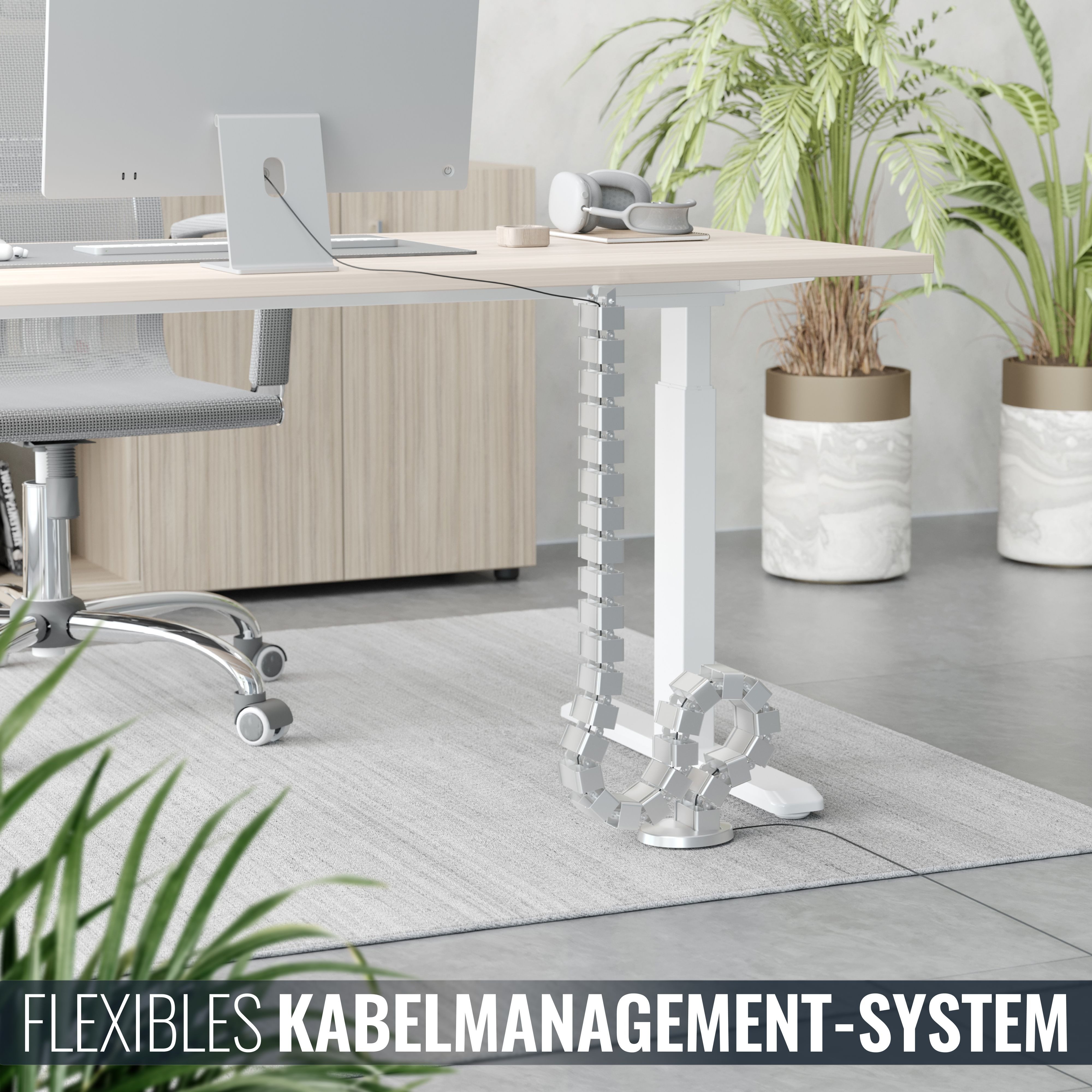 RICOO Kabelführung Flexibler Kabelkanal aus ABS mit einzelnen Wirbeln silber Z0101-S (Aus ABS-Kunststoff, 1280mm Gesamtlänge, Wirbelsäulen-Aufbau, 1-St., Kabelführung 128cm, Größe der Elemente 68 x 36 x 42 mm, kürzbar), Kabelkanal flexibel Wirbel-System Kabelmanagement am Schreibtisch