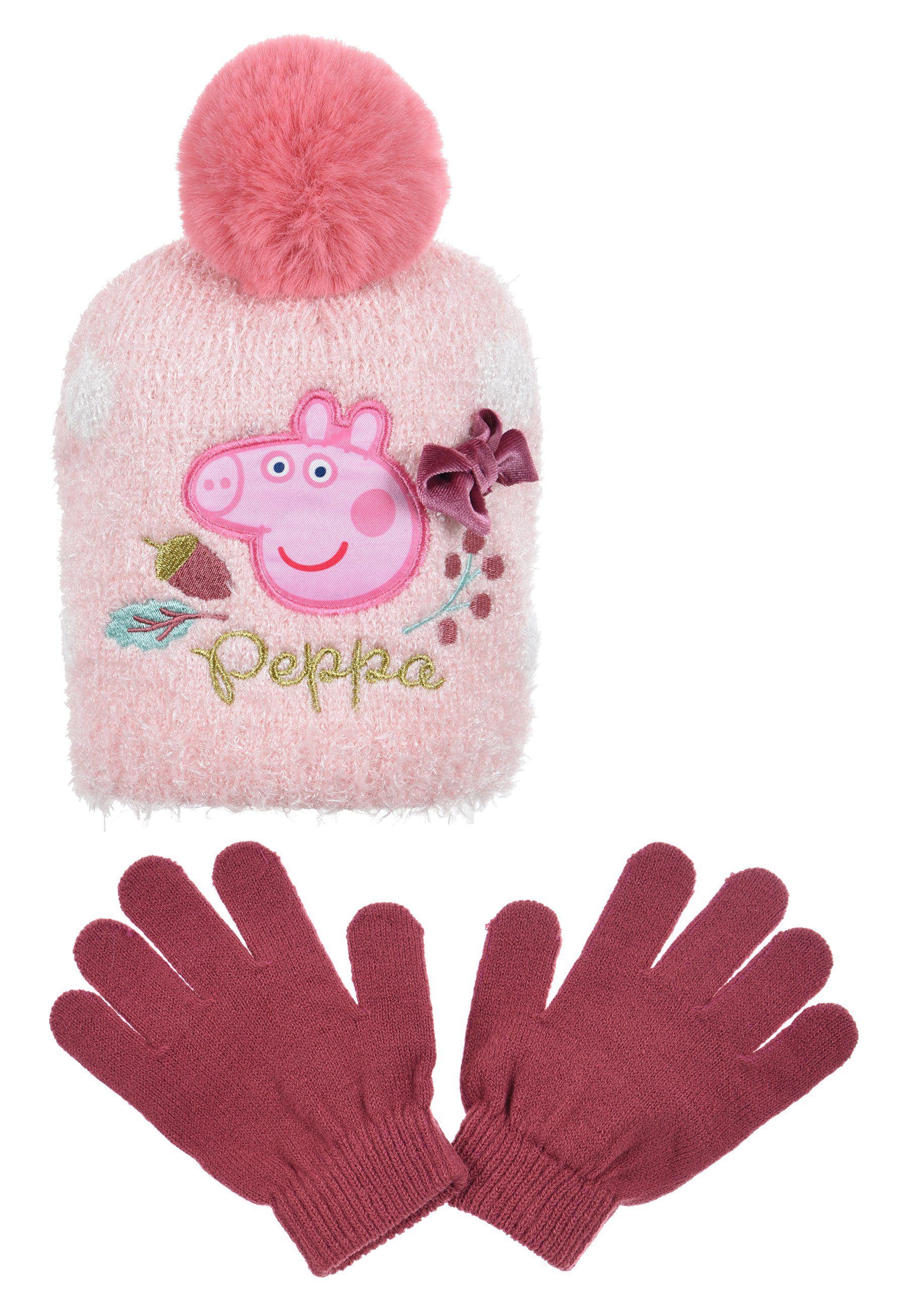 Peppa Pig Bommelmütze (SET) Mädchen Handschuhe Winter-Set Peppa Rosa Winter-Mütze Wutz Kinder