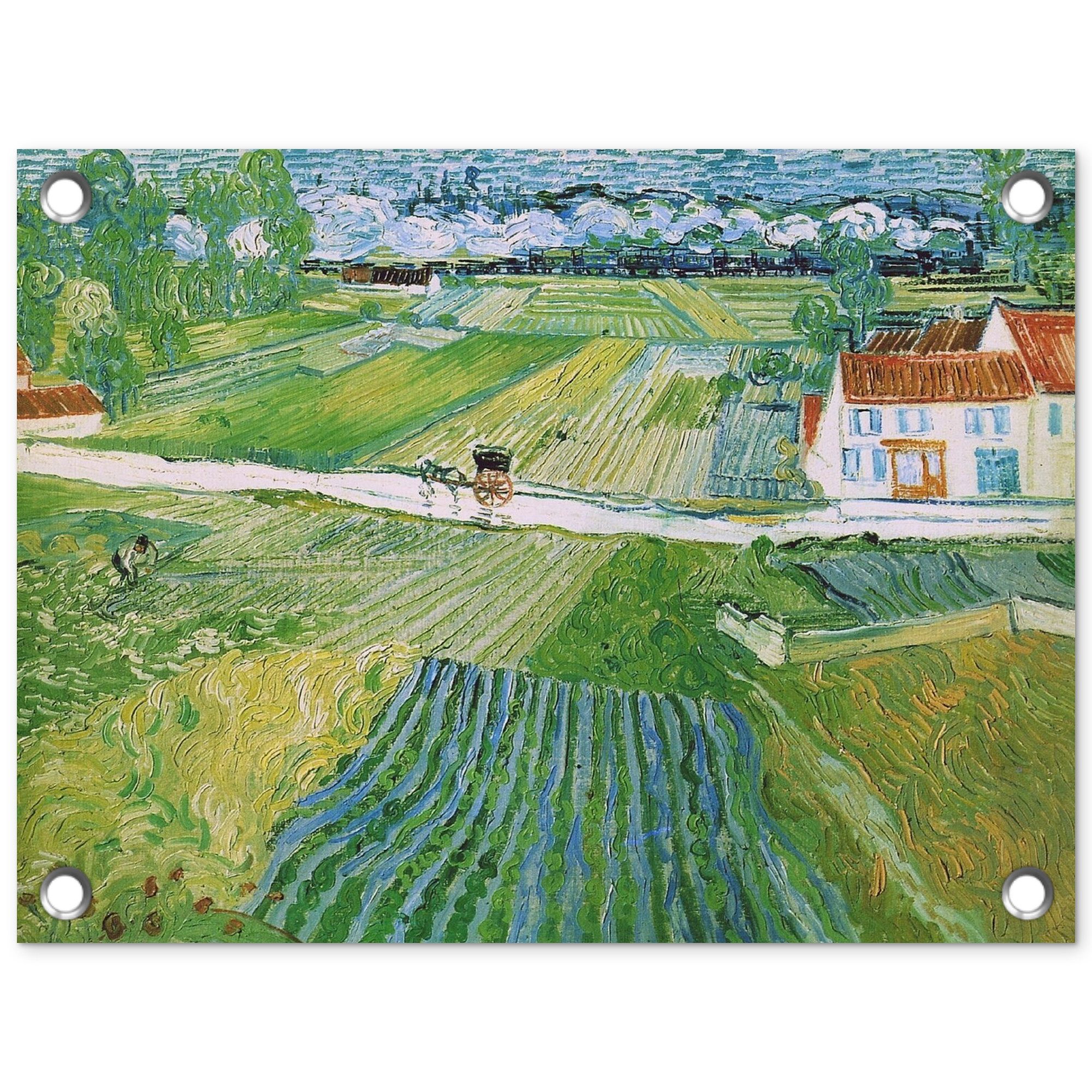 OnlyWow Poster für Garten Landschaft mit Kutsche und Zug - Vincent van Gogh, Gartenposter, Outdoor Bilder, Gartendekoration Bild, 40x30 cm