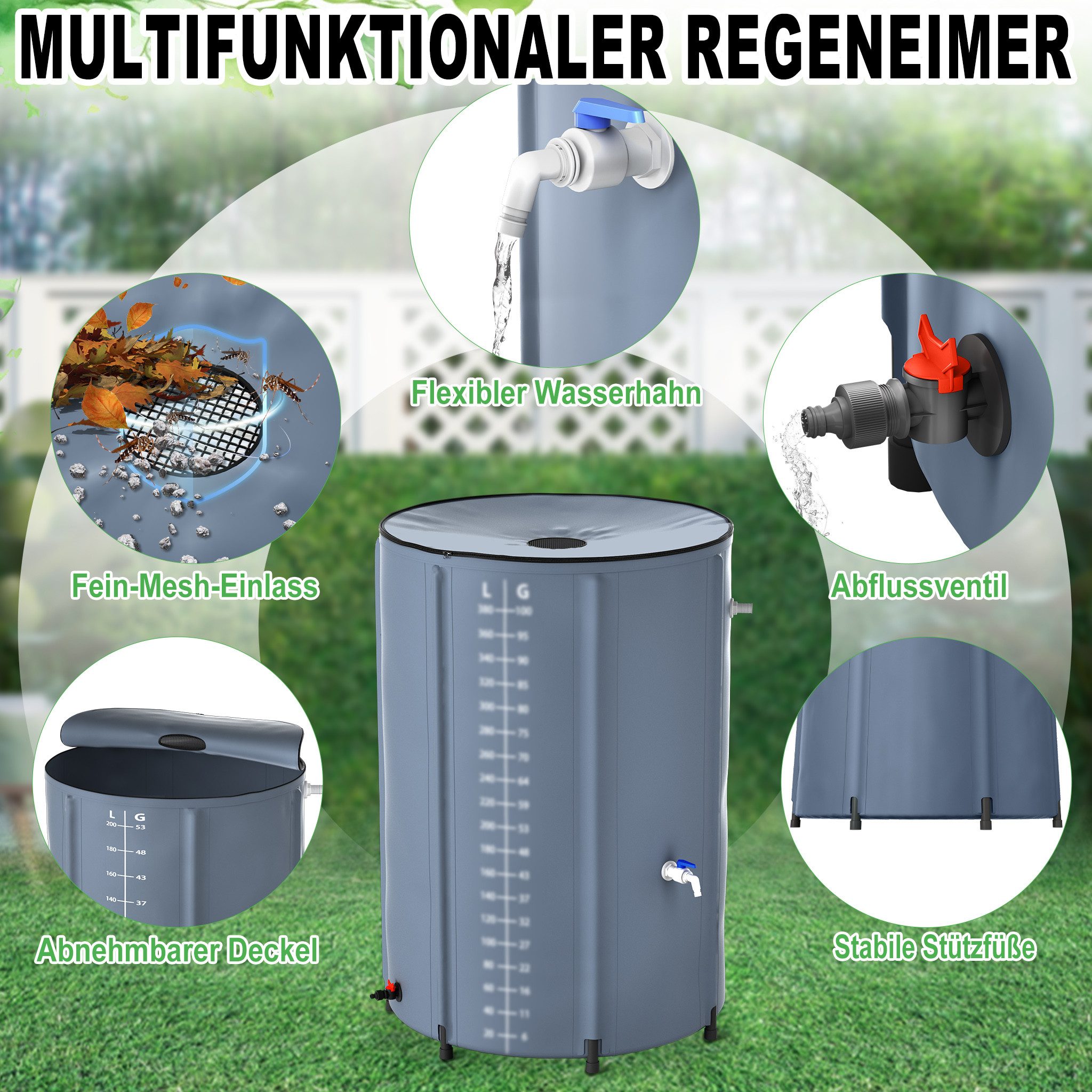 FIVMEN Regentonne Regenwassertonne faltbar Regenfass Wassertank Regenwassertank mit Hahn, 750 l, (200L / 380L / 500L / 750L), für Garten Balkon Regenfass mit Ablassventil und Überlaufschutz