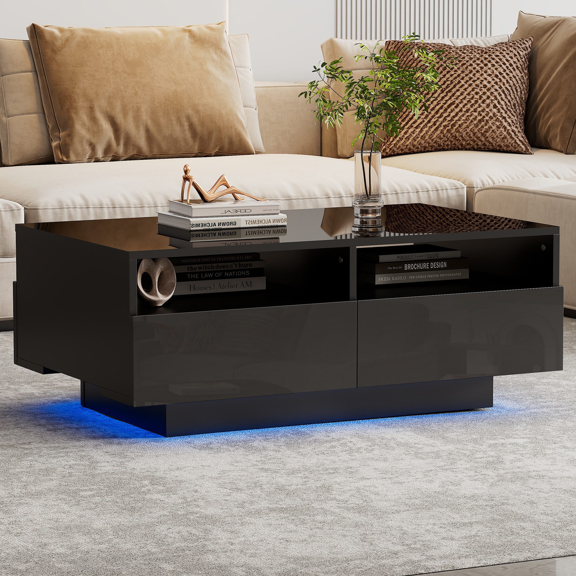 MODFU Couchtisch Sofatisch, mit 4 Schubladen,16 Farben LED Lichter,USB,90*5 günstig online kaufen