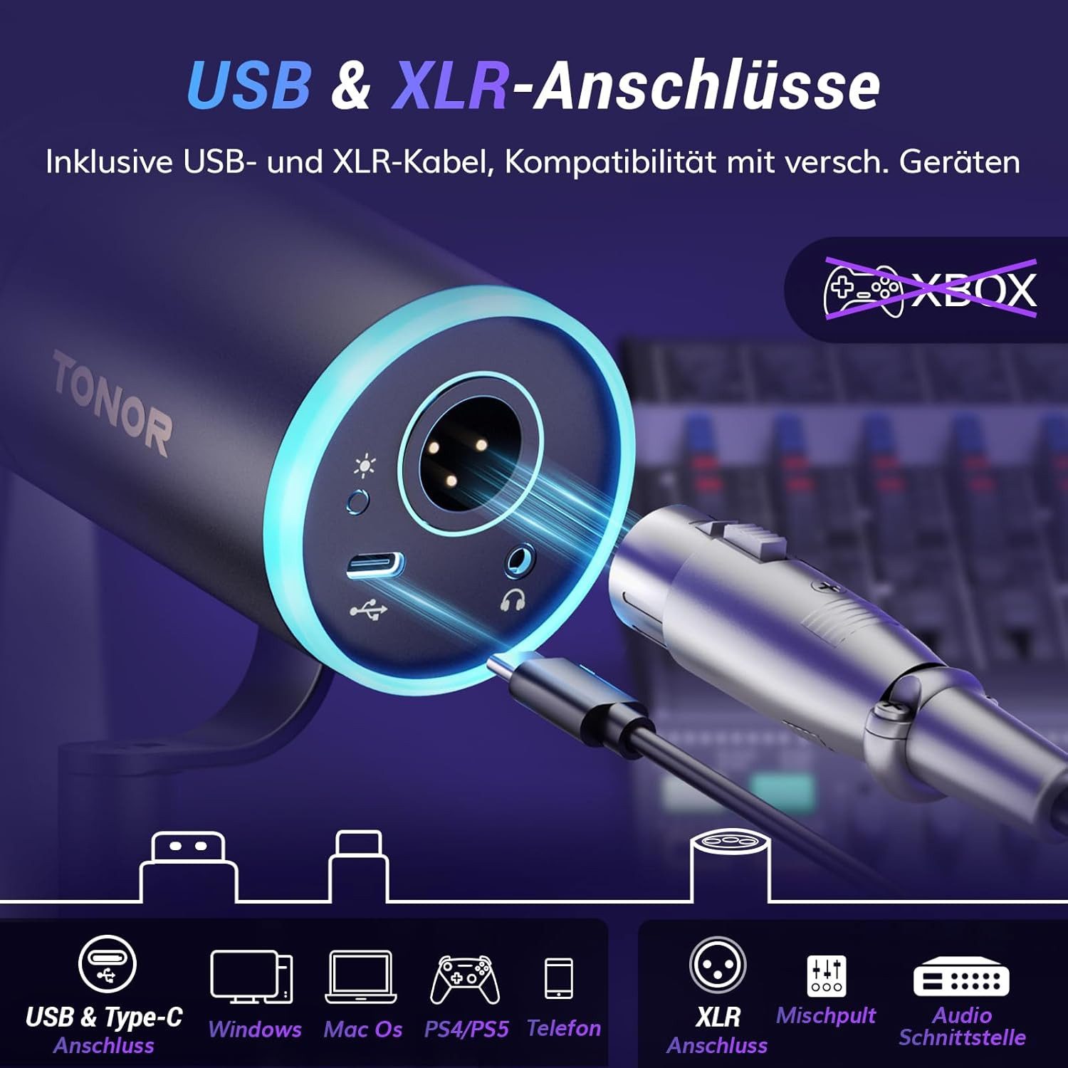 TONOR Streaming-Mikrofon  TONOR TD520S+ Mikrofonset – RGB, Boom‑Arm, Monitoring, Plug‑&‑Play