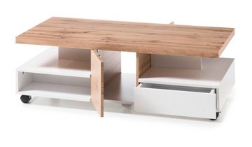 MCA furniture Couchtisch Rennes (Wohnzimmertisch in weiß Lack und Eiche, auf Rollen, 120 x 60 cm), mit Schublade, mit Tür