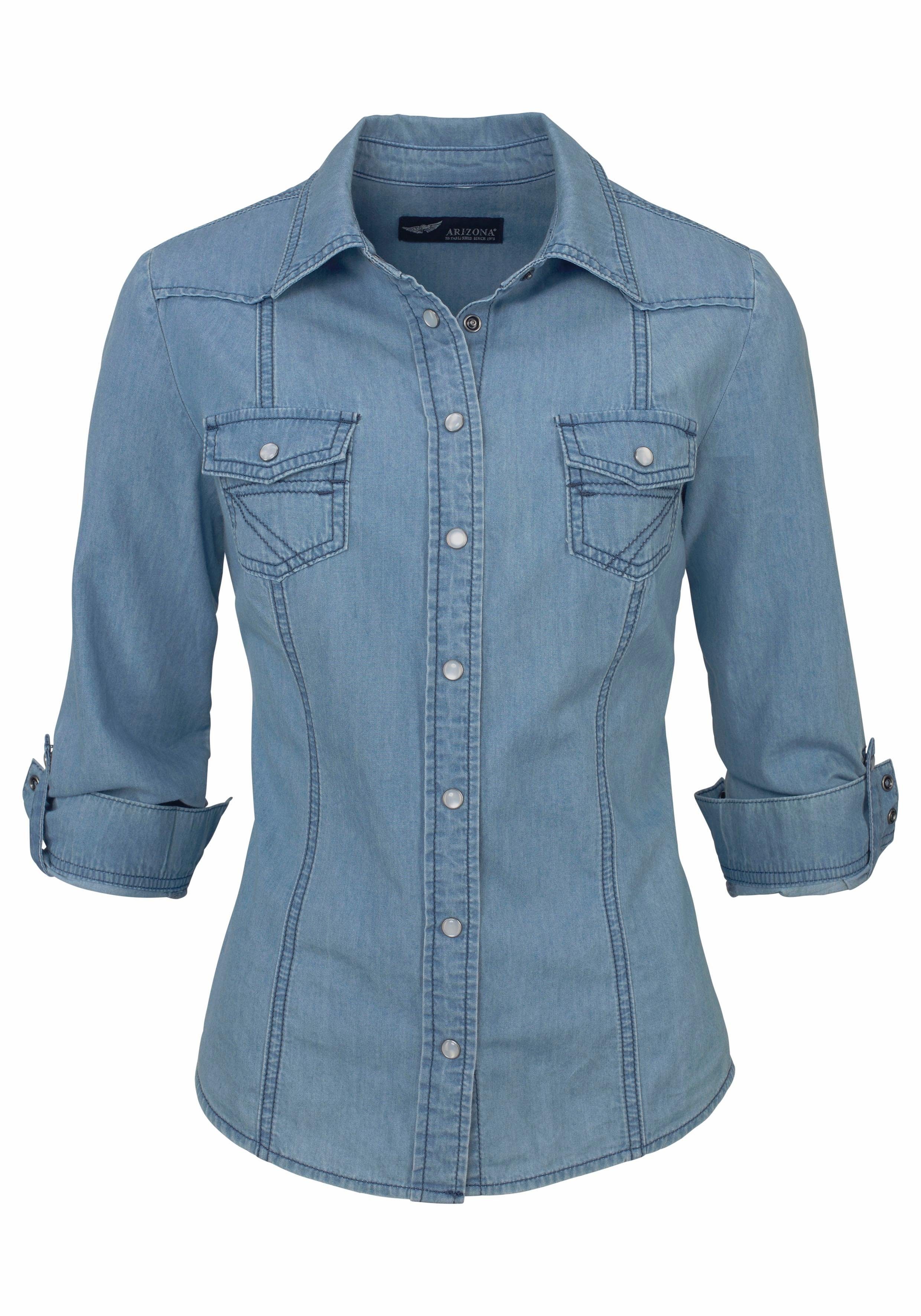 Arizona Jeansbluse mit Druckknöpfen in Perlmuttoptik und Krempelärmeln
