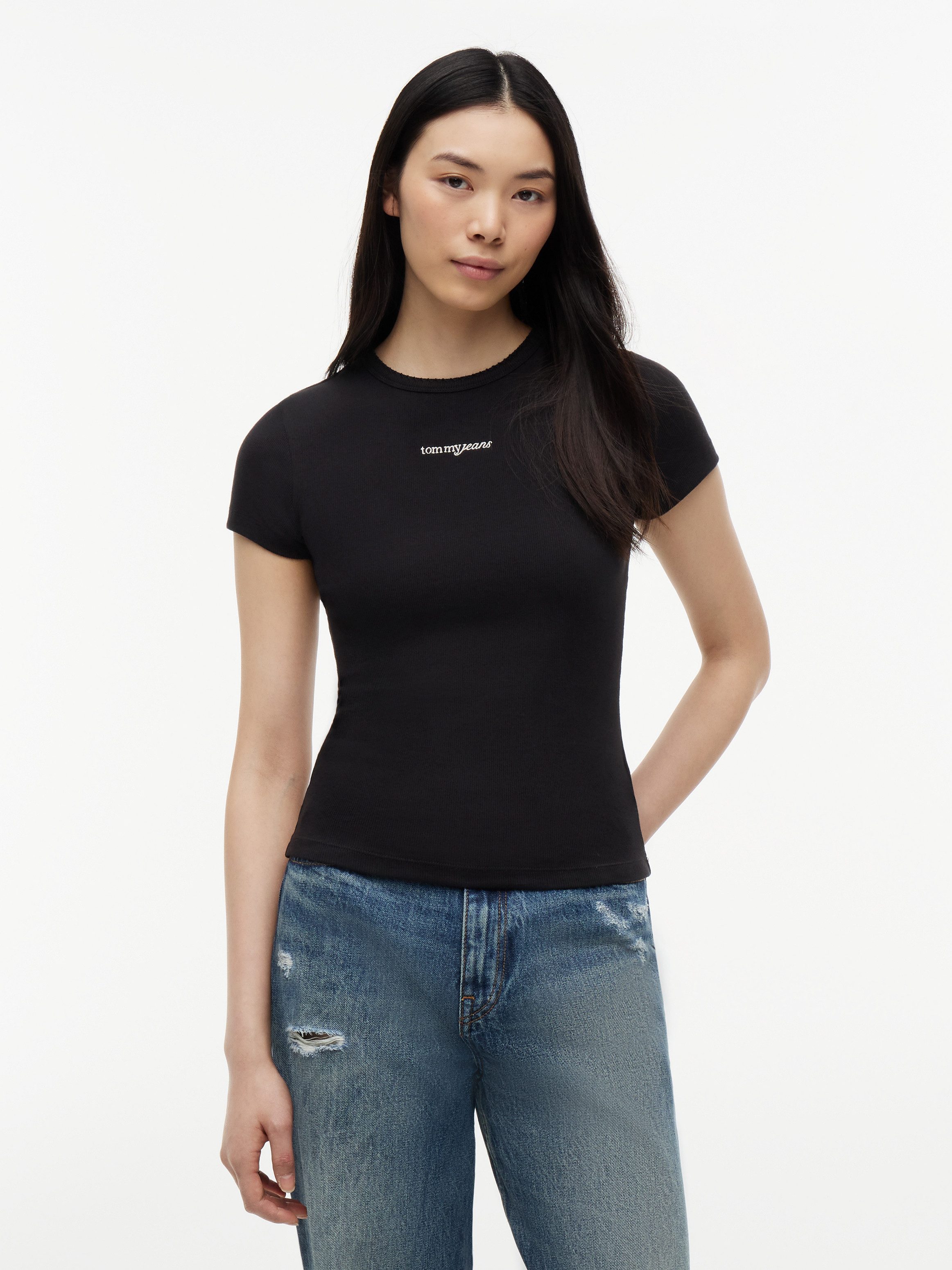 Tommy Jeans Kurzarmshirt TJW SLIM SCRIPT RIB SS TEE Baumwollmischung, slim fit, in gerippter Struktur