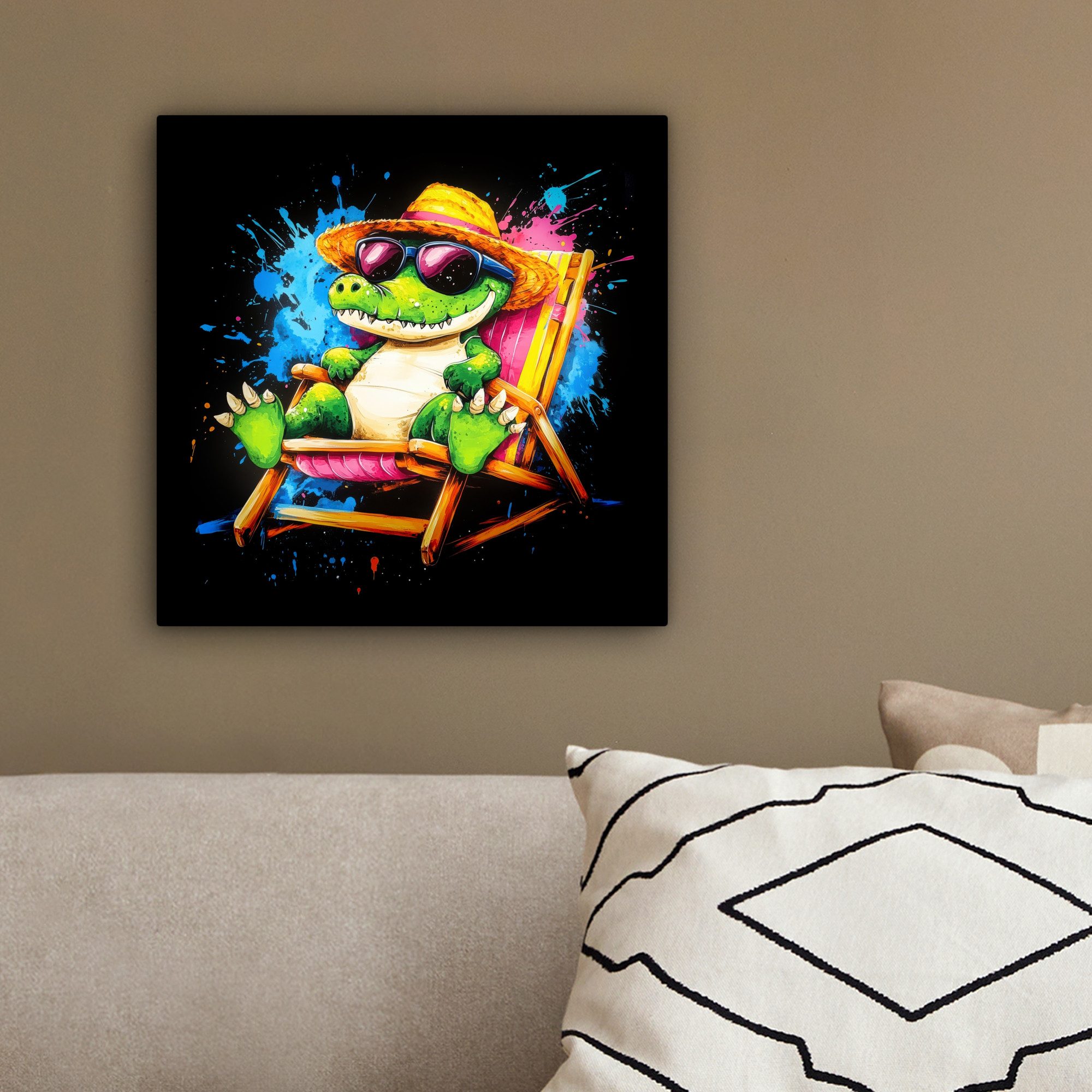 OneMillionCanvasses® Leinwandbild Graffiti - Sommer - Krokodil - Lustig, Fotodruck (1 St), Wandbild, Deko Schlafzimmer Wohnzimmer Flur 20x20 cm – Bild 4 von 5