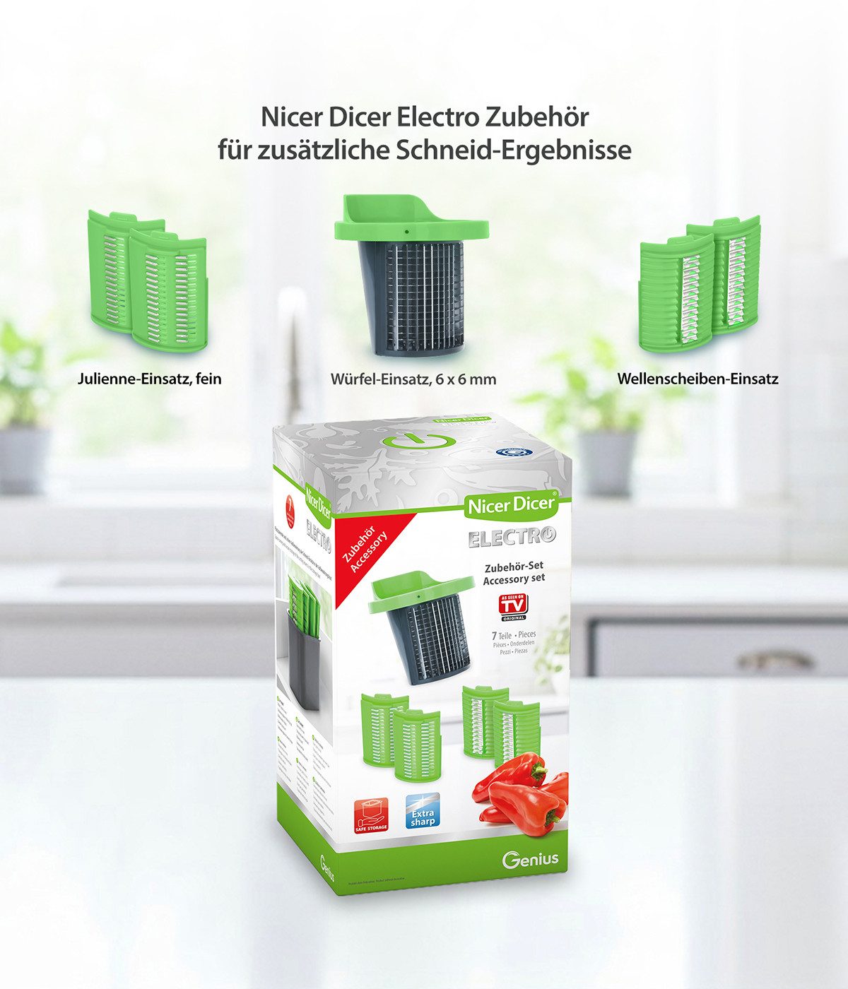 Genius Gemüseschneidaufsatz Nicer Dicer Electro Gemüseschneider Zubehör 7 tlg, 9 Einsätze, Zubehör für Nicer Dicer Electro