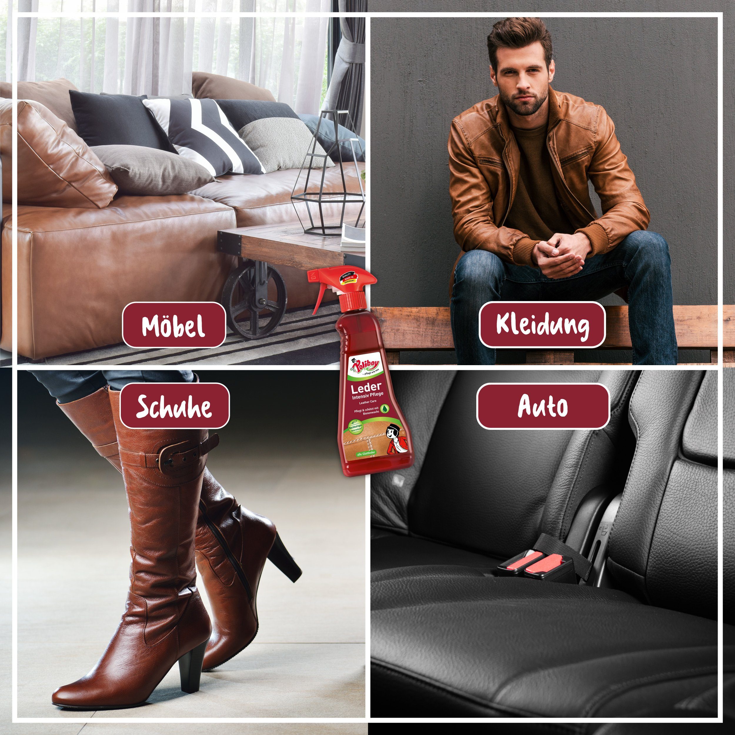 poliboy Leder Intensiv Pflege - reinigt, pflegt und schützt - 10x375ml Lederreiniger (für alle glatten und genarbten Leder - Made in Germany)