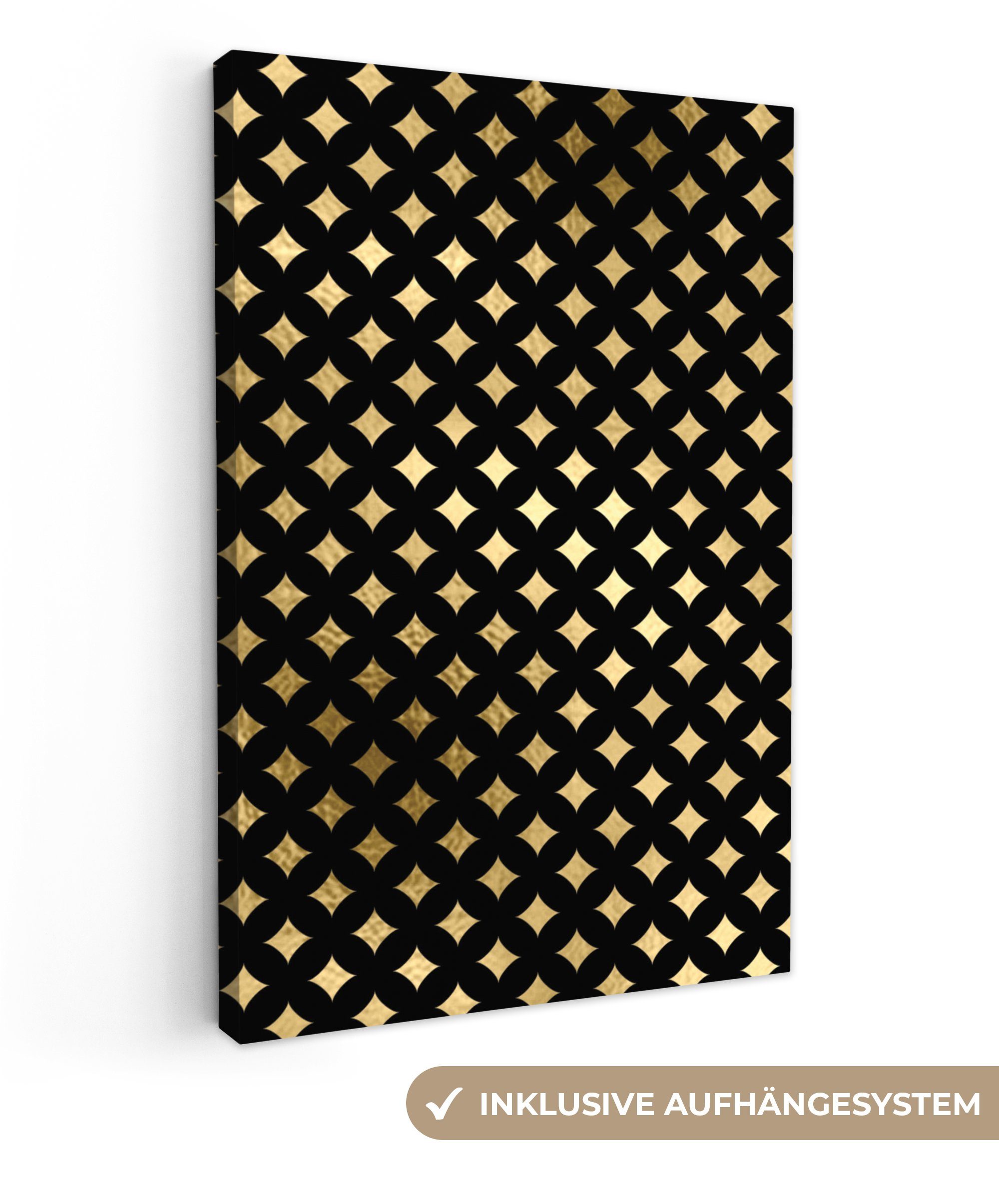 OneMillionCanvasses® Leinwandbild Muster - Gold - Schwarz - Kariert, (1 St), Leinwandbild fertig bespannt inkl. Zackenaufhänger, Gemälde, 20x30 cm