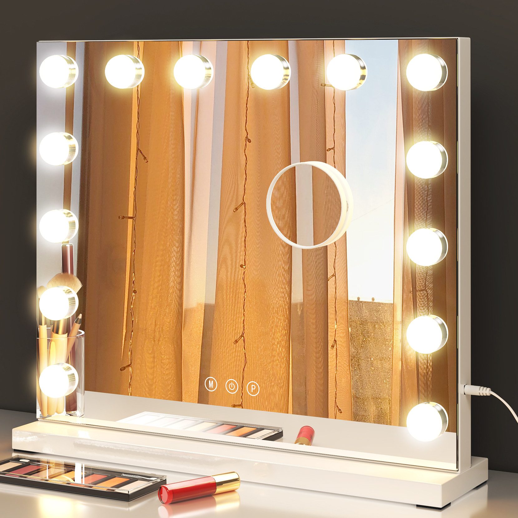 Schminkspiegel Hollywood Schminkspiegel mit 15/14 LED, für Make-up, 3 Farblichter