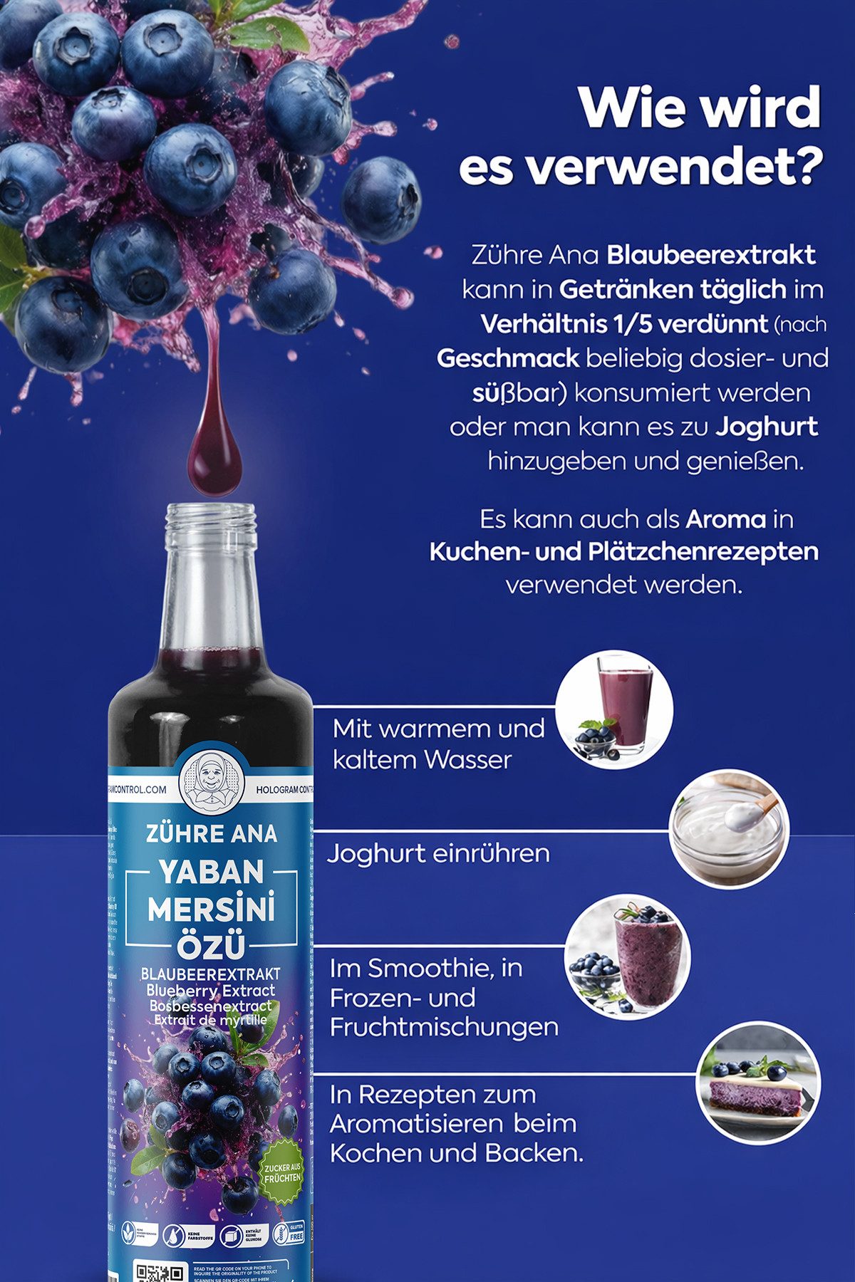 Zühre Ana® Sirup Blaubeerextrakt 640g–100 % Frucht, Konzentrat, Natürlich Aroma, 640 g, Natürliches Aroma und fruchtiger Geschmack Mischverhältnis: 1+5