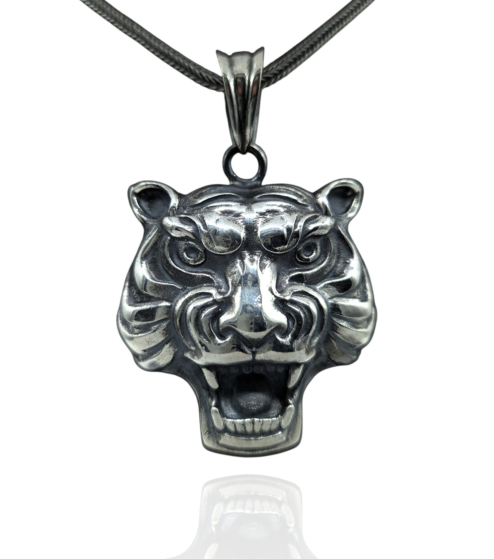 Kette mit Anhänger Silber Tiger mit Silber Fuchsschwanz Kette 55cm 65cm
