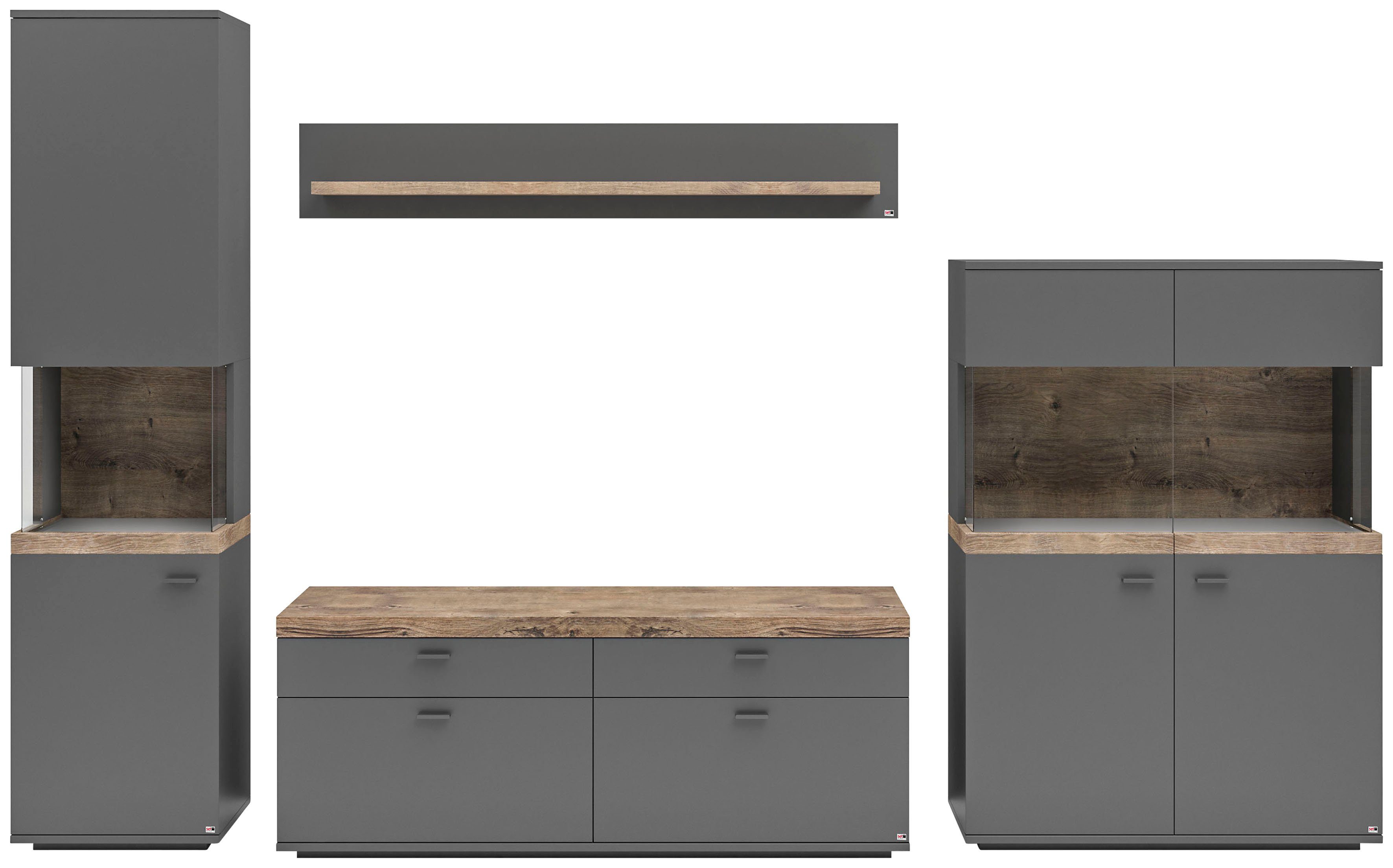 set one by Musterring Wohnwand Lancaster, (Bitte bei den Artikelnummern), 4-teilig mit Fronten in weiß oder grau, Breite ca.320cm