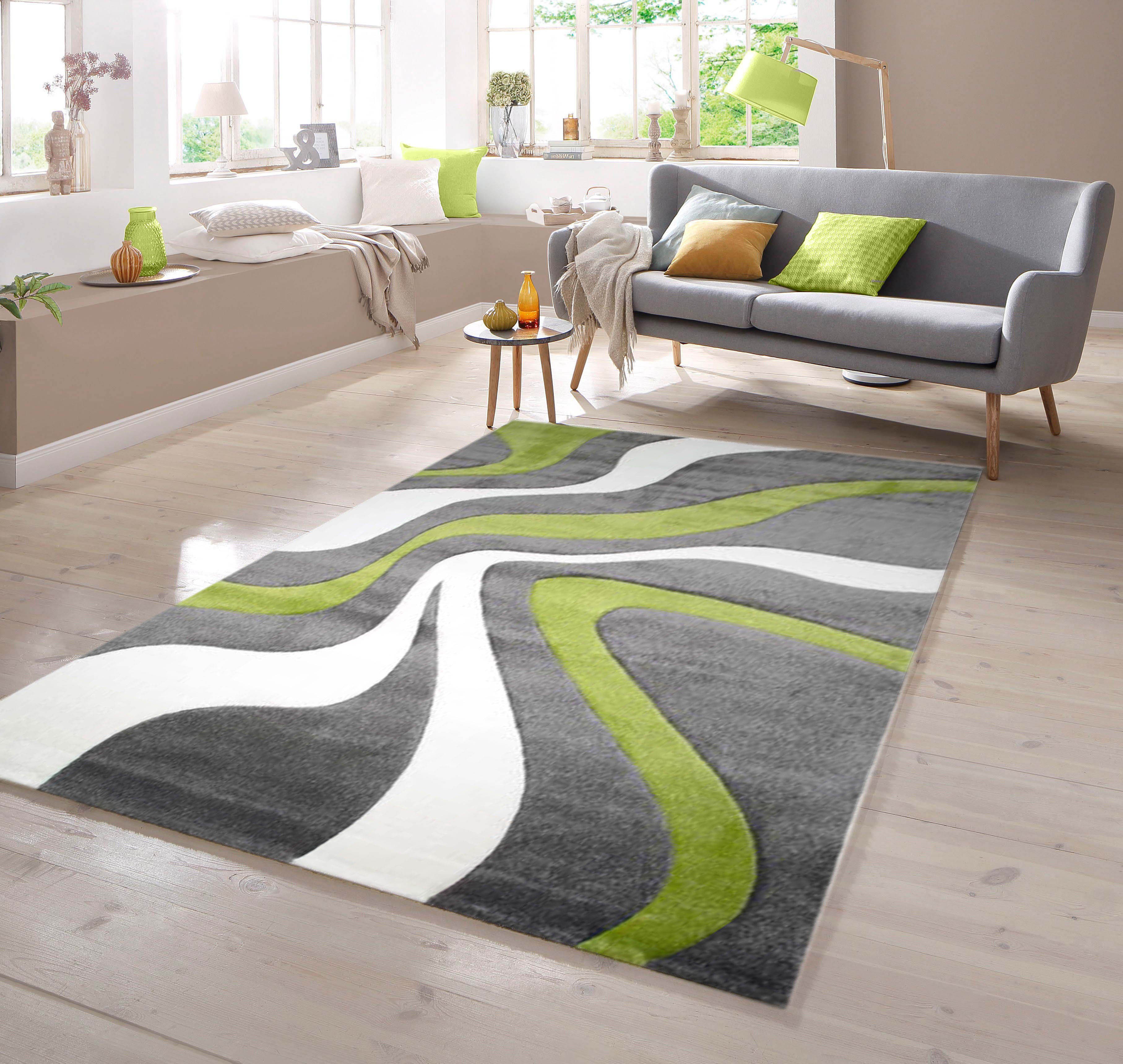 Teppich Designer Teppich mit Konturenschnitt Wellenmuster Grün Grau Weiss, TeppichHome24, rechteckig