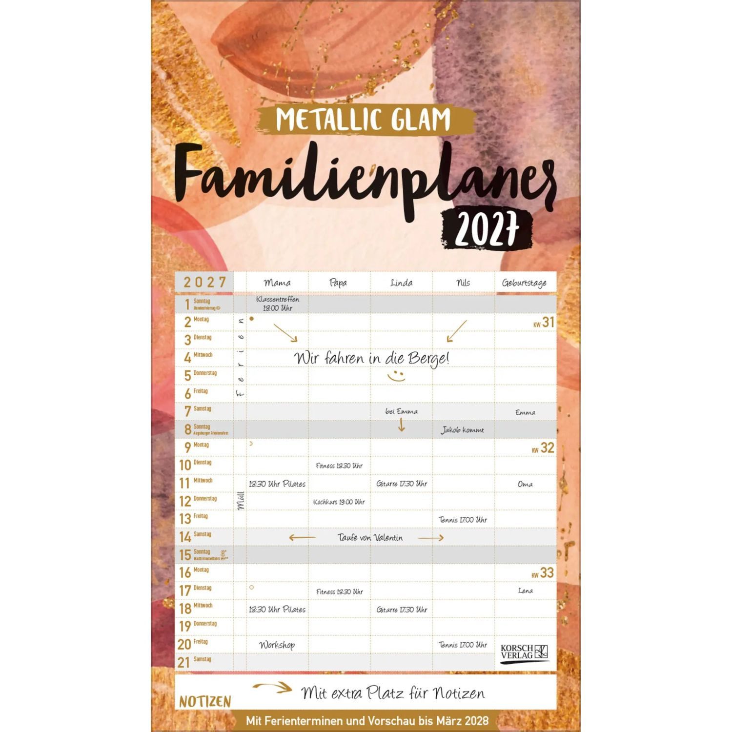Korsch Verlag Wandkalender Familienplaner Metallic Glam 2027