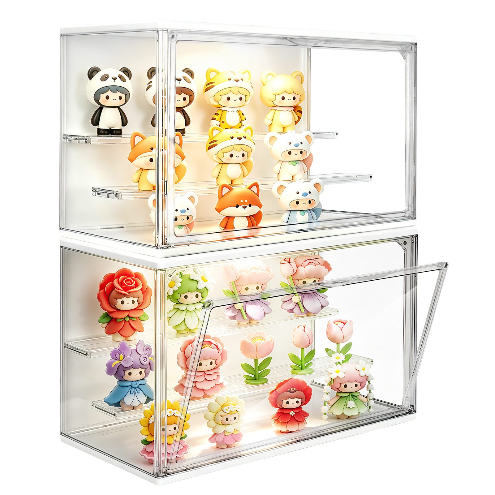XERSEK Aufbewahrungsbox LED Vitrine Magnettür Spielzeugkiste Sammlervitrine Kosmetikorganizer (Set, 2 St., 36×22×18cm Stapelfähig), 3 Ebenen Displaybox mit Stufen-Steckboden
