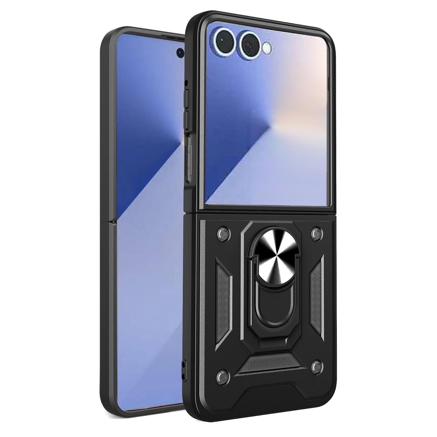 Wigento Handyhülle Für Samsung Galaxy Z Flip7 5G Magnet Ring TPU Hybrid PC Hülle Schwarz, Stoßfest, robust, 360° Ring Halter