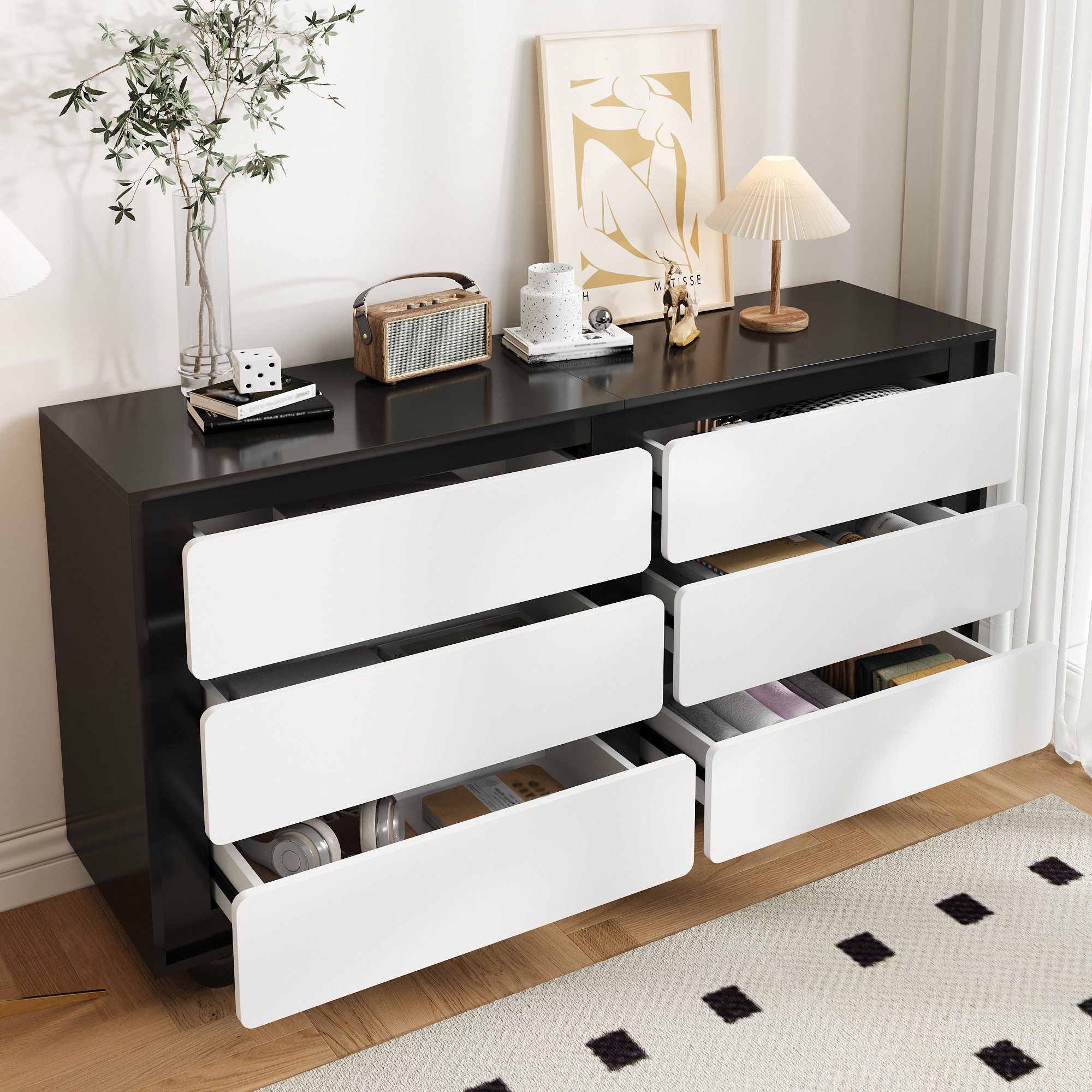 OKWISH Sideboard Schwarz-Weiß-Design (Kommode, Frisiertisch, 1 St., mit sechs Schubladen), 140×38×74,5cm