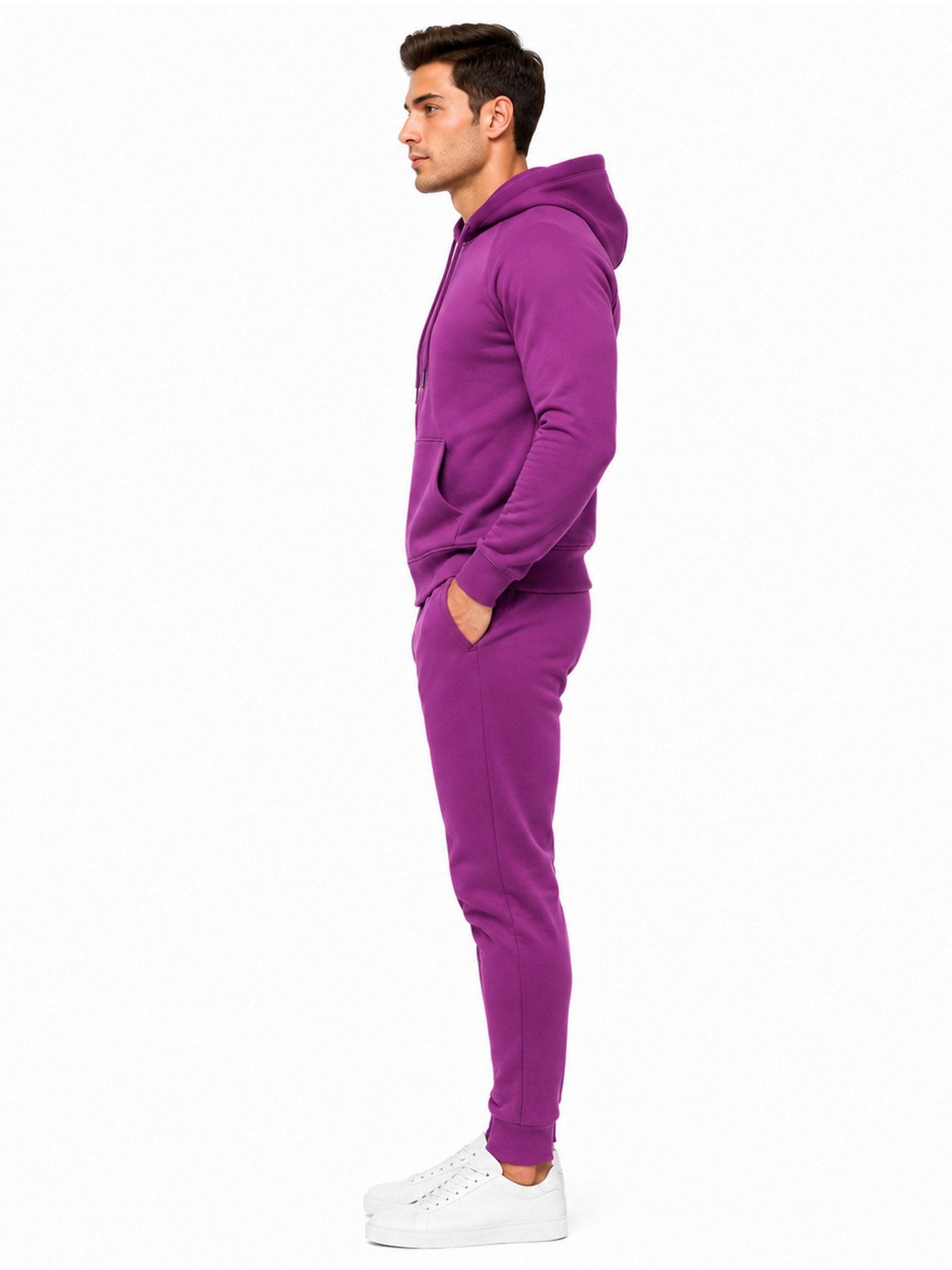 L.gonline Freizeitanzug Herren Jogginganzug einfarbig 100% BW 586 Lila XL (Kapuzenjacke mit Reißverschluss, Hose, 2-tlg), Fitness Freizeit Casual