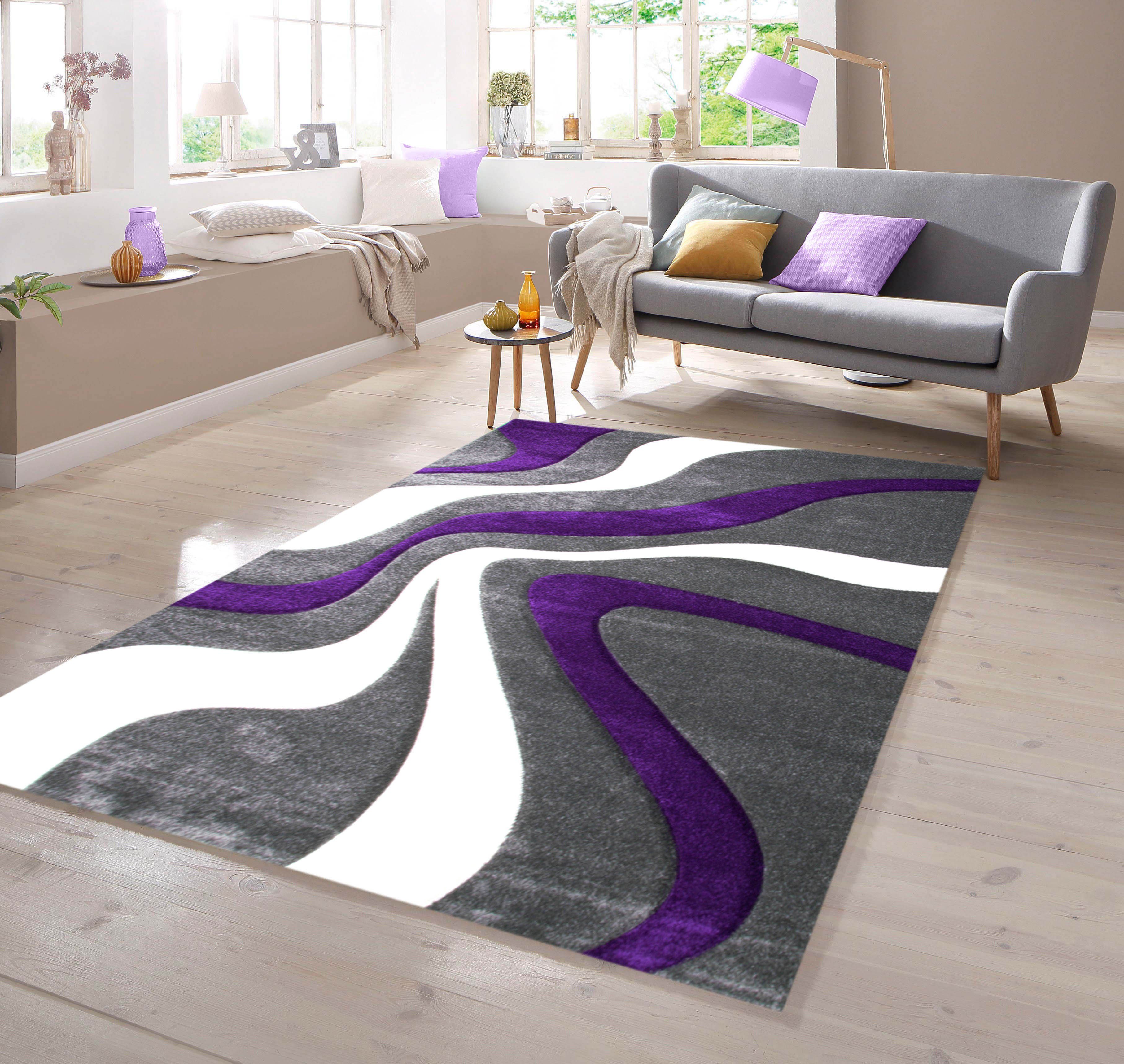 TeppichHome24 Teppich Designer Teppich mit Konturenschnitt Wellenmuster Lila Grau Weiss, rechteckig