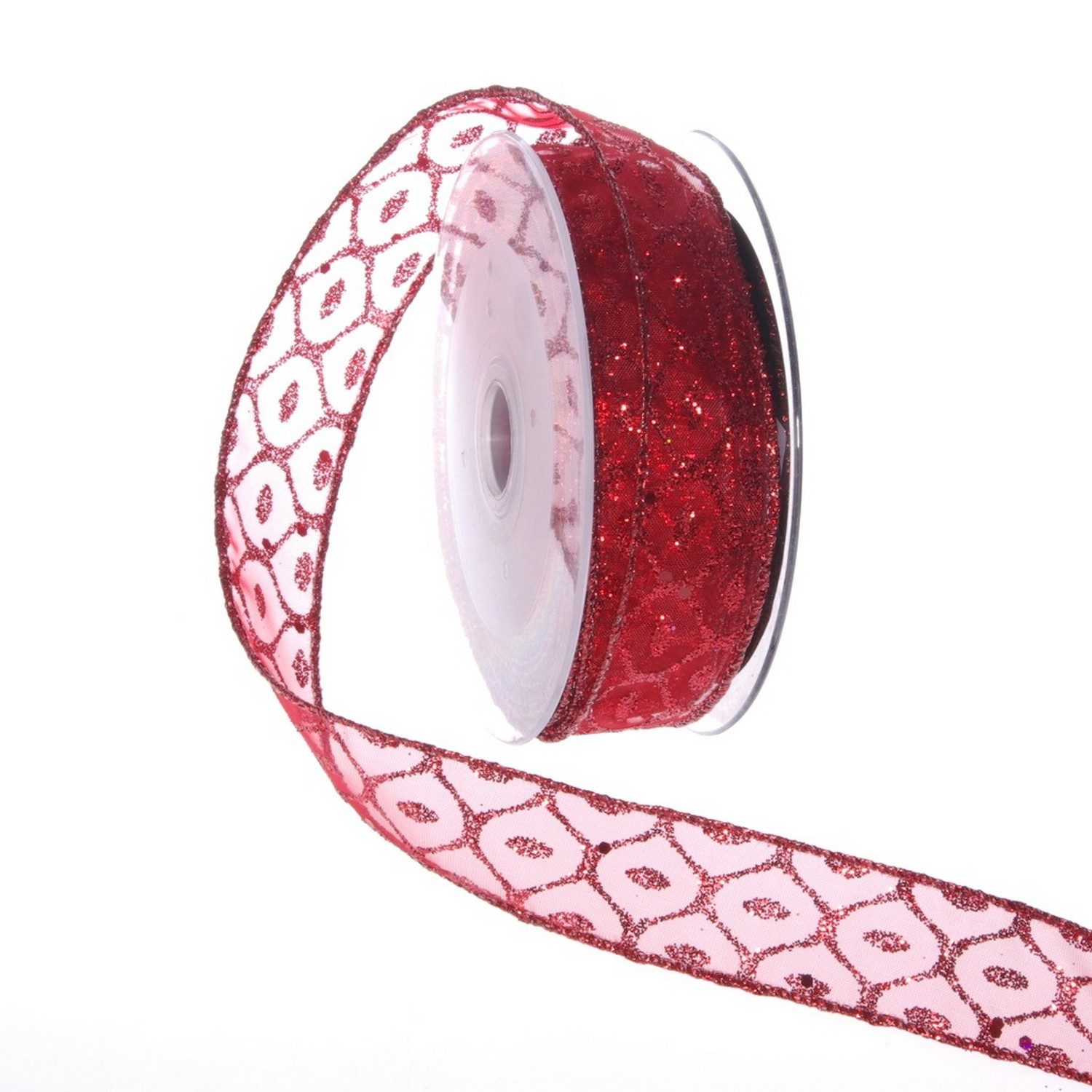 Dekoband Weihnachtliches Organzaband mit Glitzerwabe - rot - mit Drahtkante …