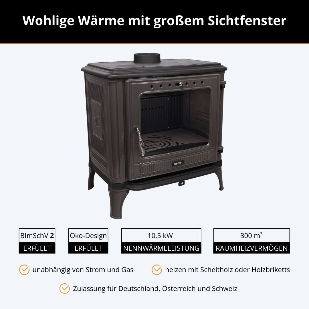 365 Kaminofen 365® Ferrox 75 grau emailliert 10,5 kW Gusseisen A+, 10,5 kW