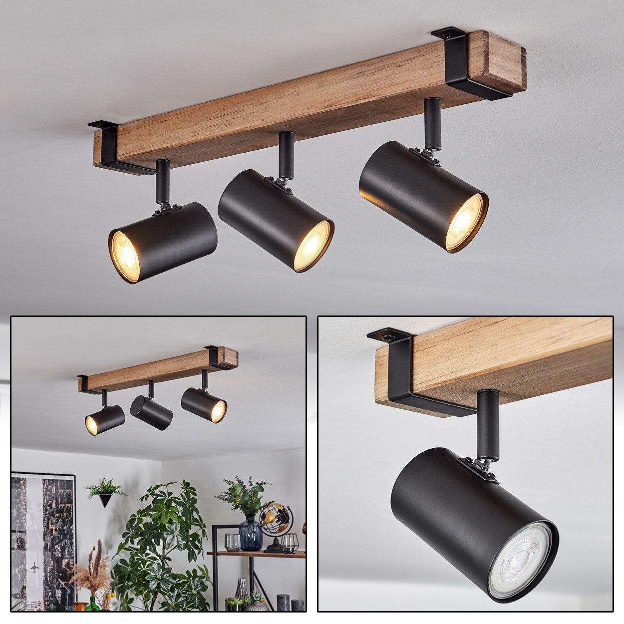 hofstein Deckenleuchte Deckenlampe aus Metall/Holz in Schwarz/Naturfarben, günstig online kaufen